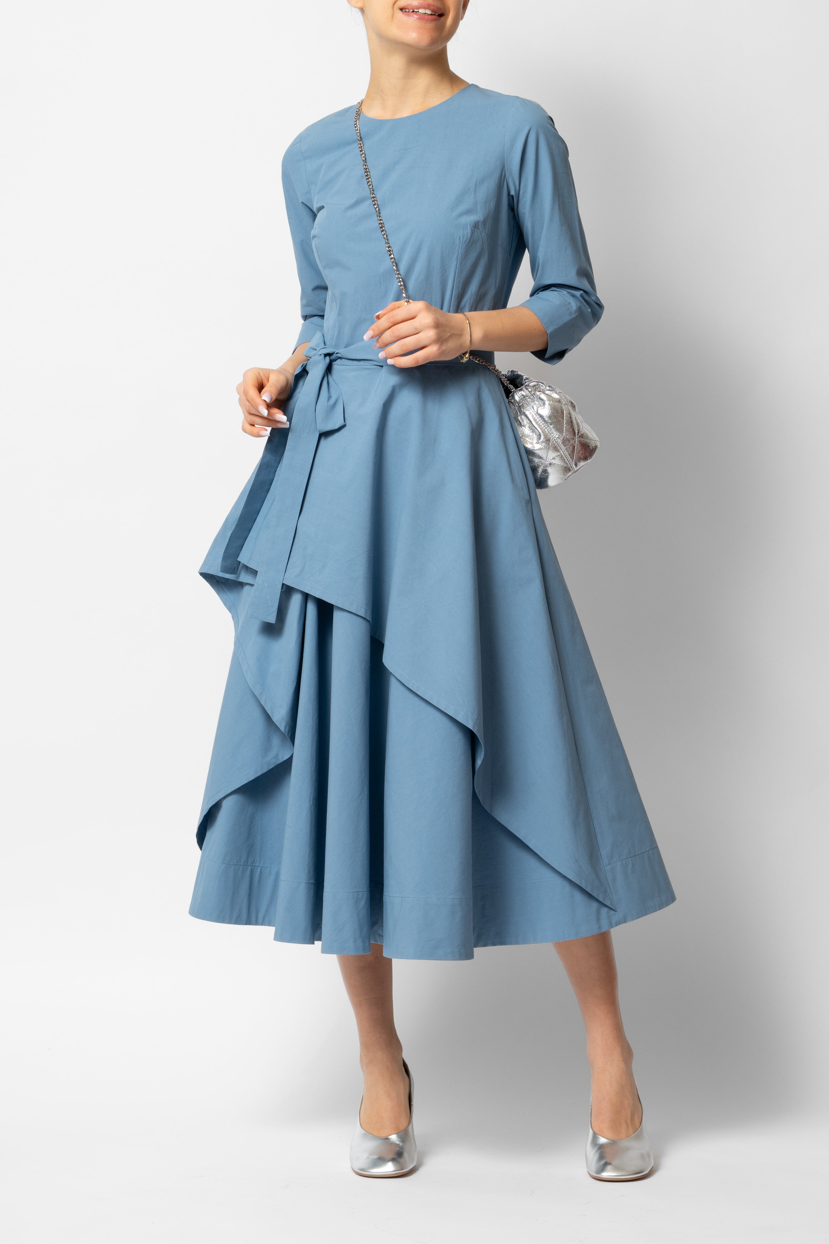 Cotton Semi-Clos Midi Dress, Blue