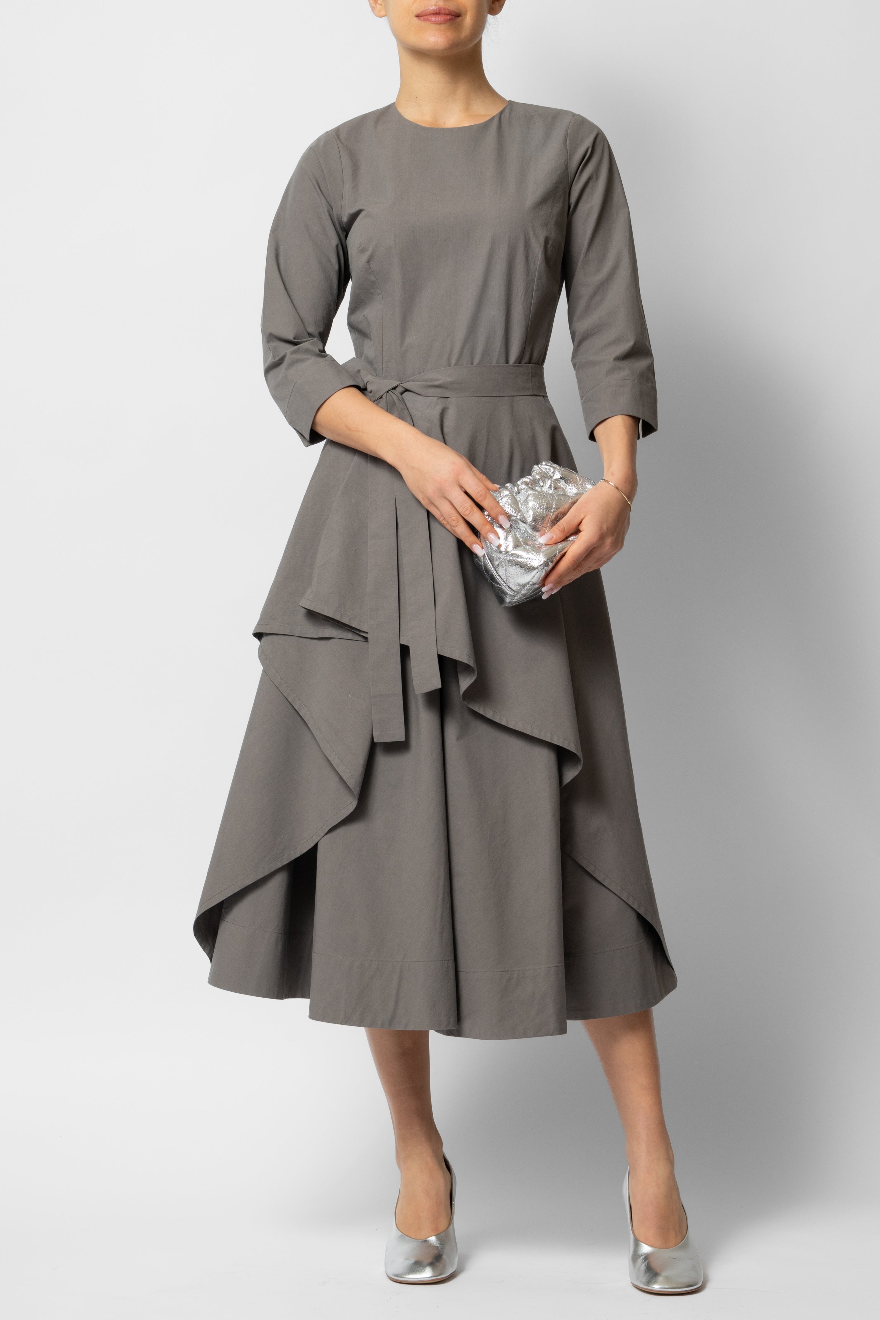 Rochie Midi Semi-Clos din Bumbac, Gri