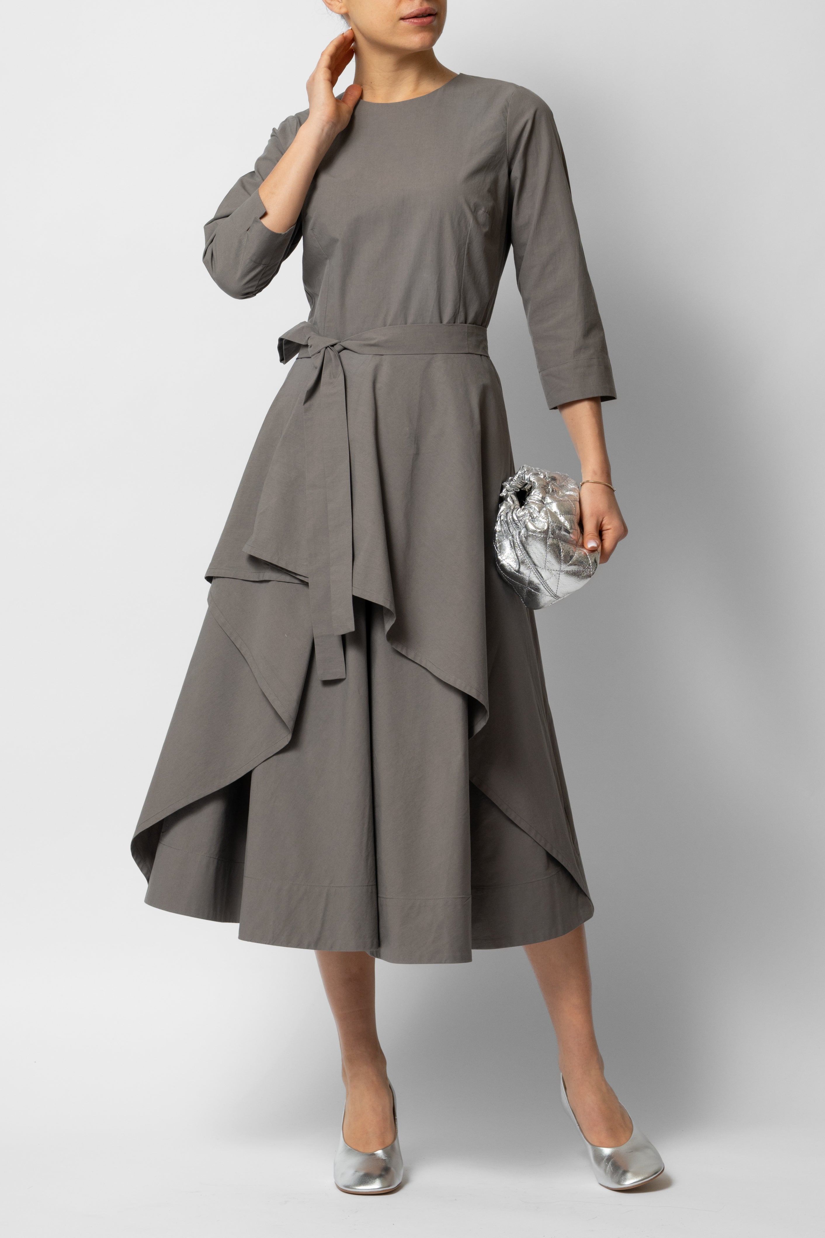 Rochie Midi Semi-Clos din Bumbac, Gri