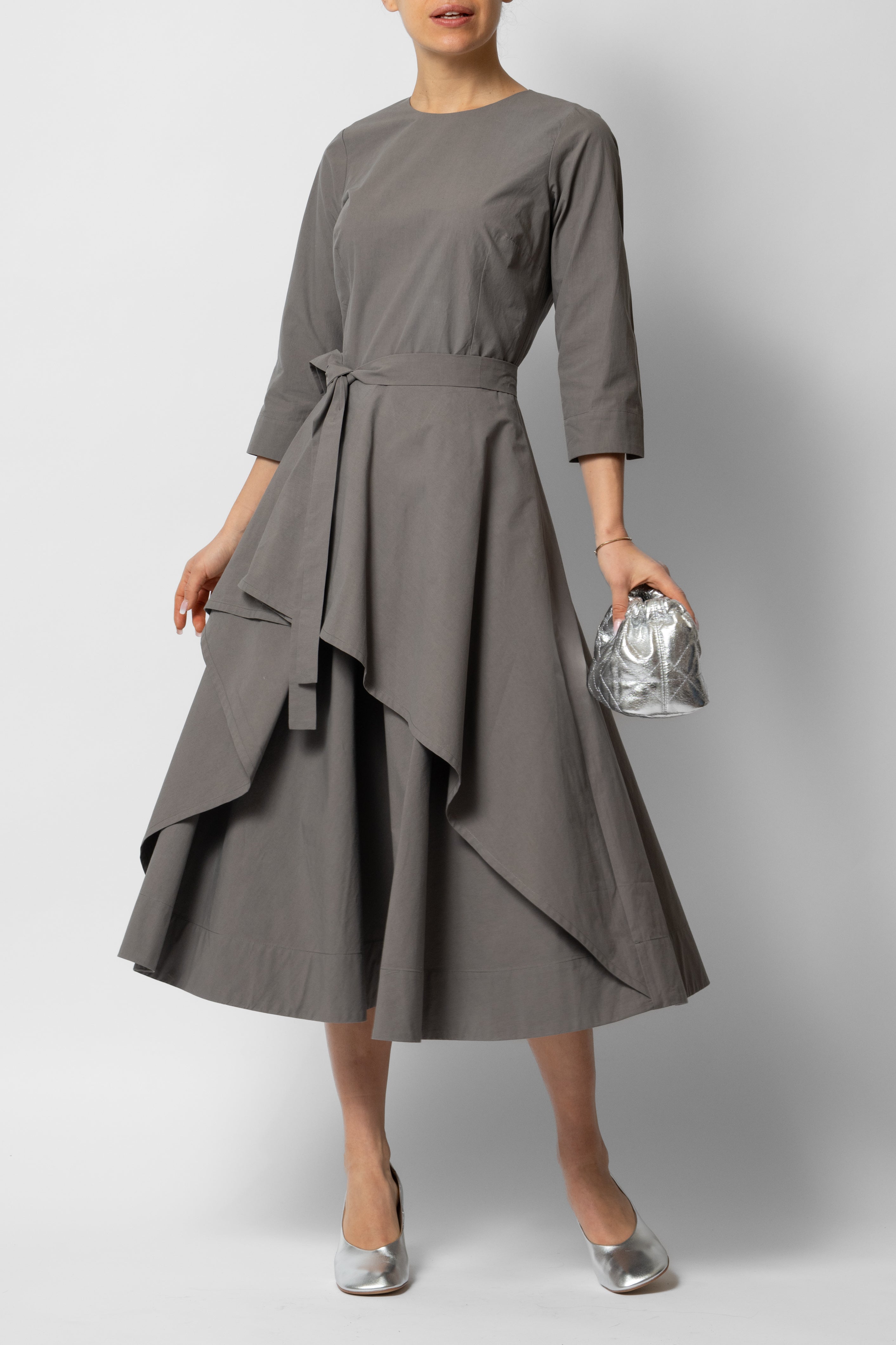 Rochie Midi Semi-Clos din Bumbac, Gri