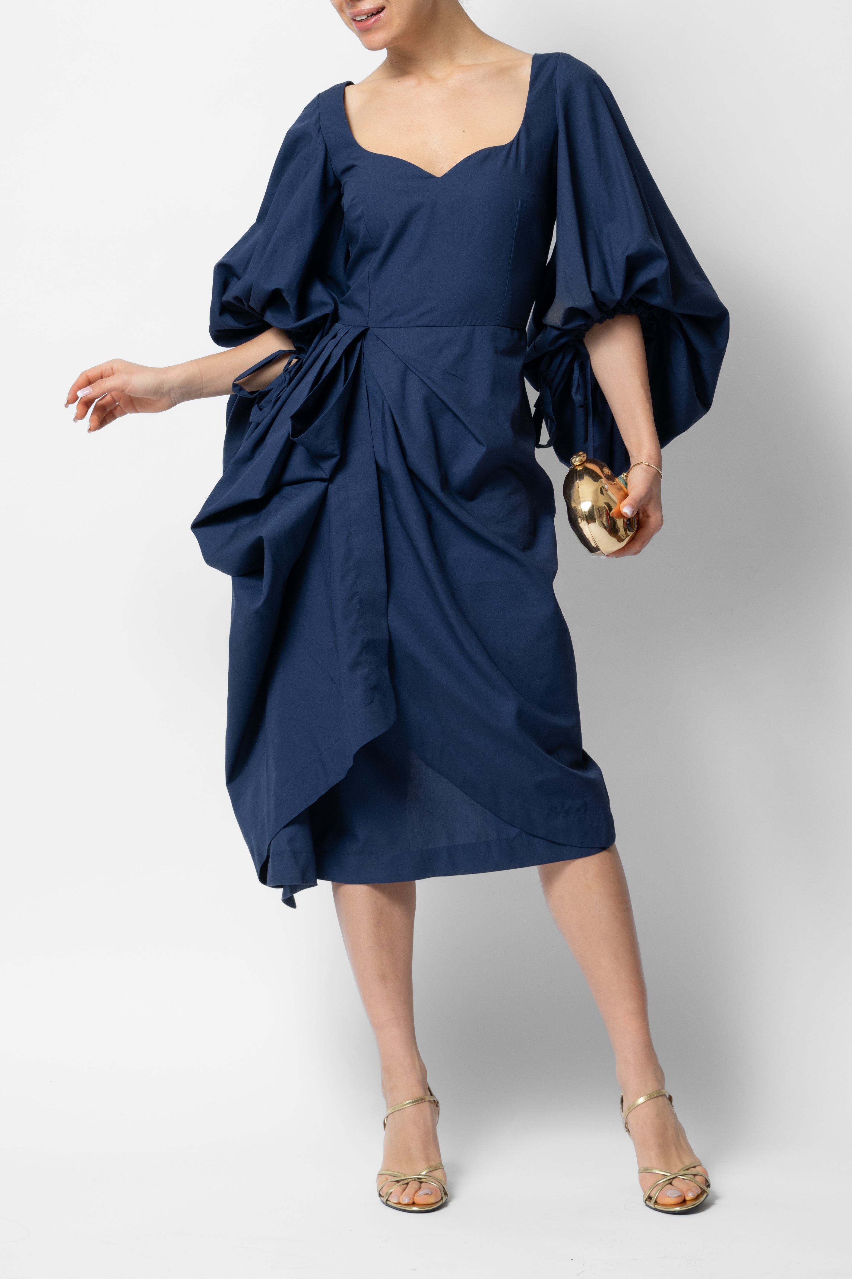 Rochie Midi cu Maneci Voluminoase din Bumbac, Negru-Bleumarin