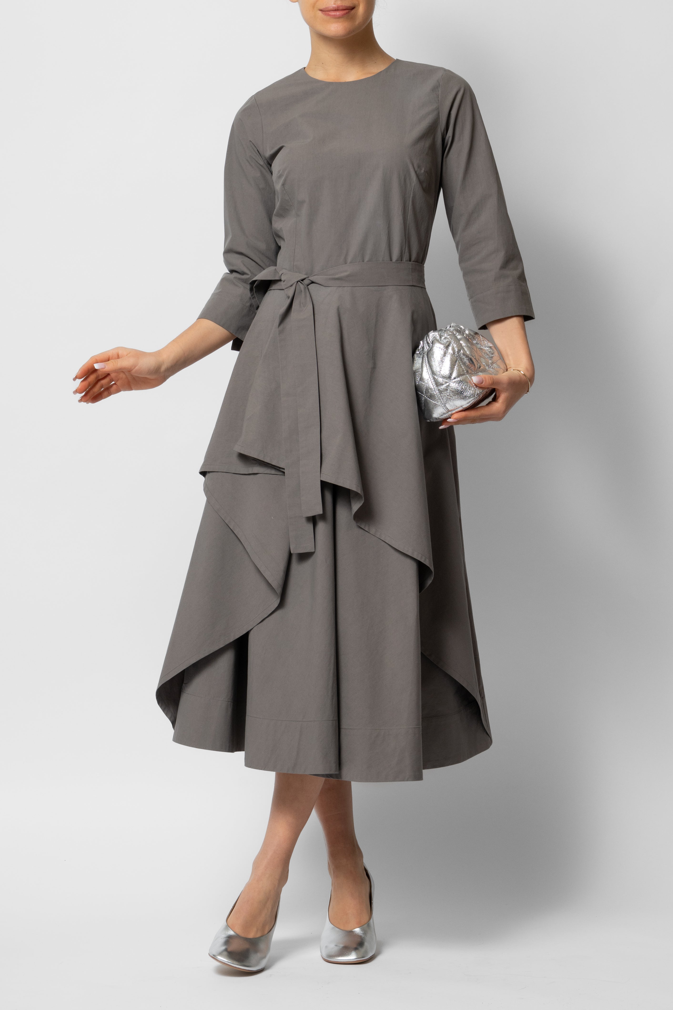 Rochie Midi Semi-Clos din Bumbac, Gri