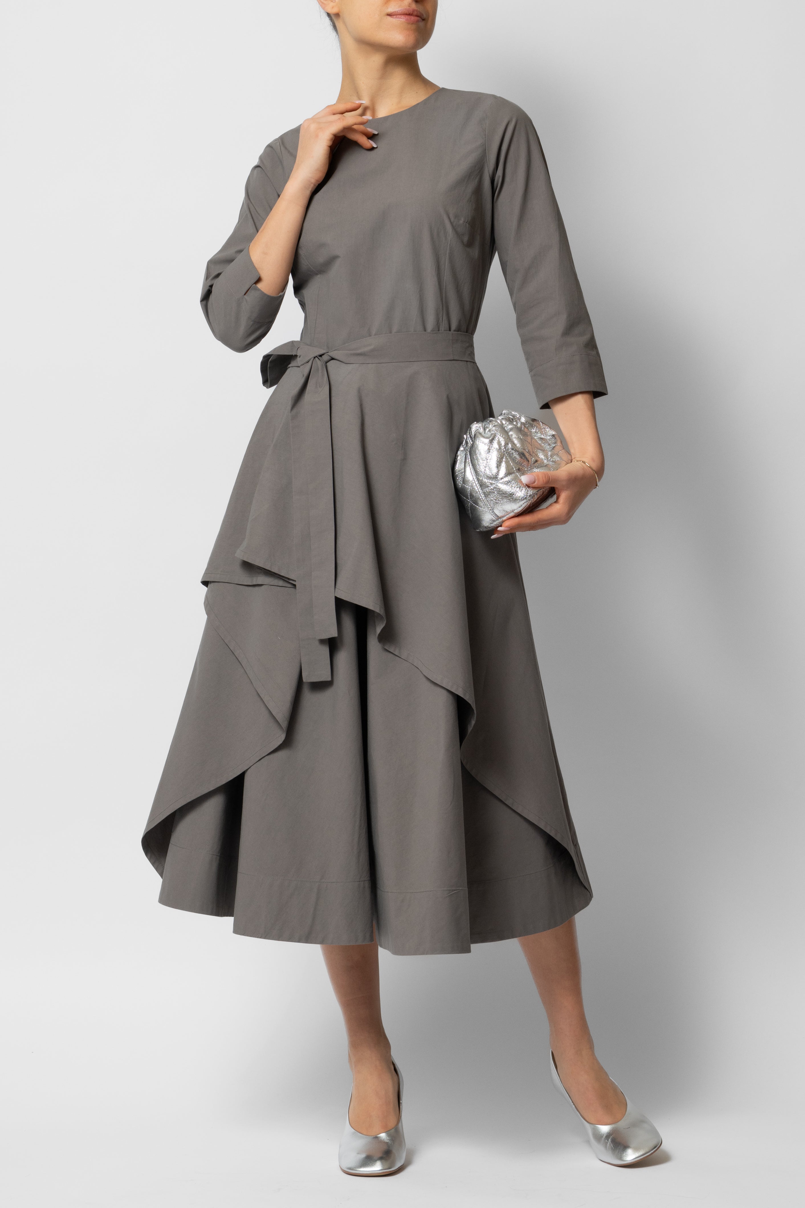 Rochie Midi Semi-Clos din Bumbac, Gri