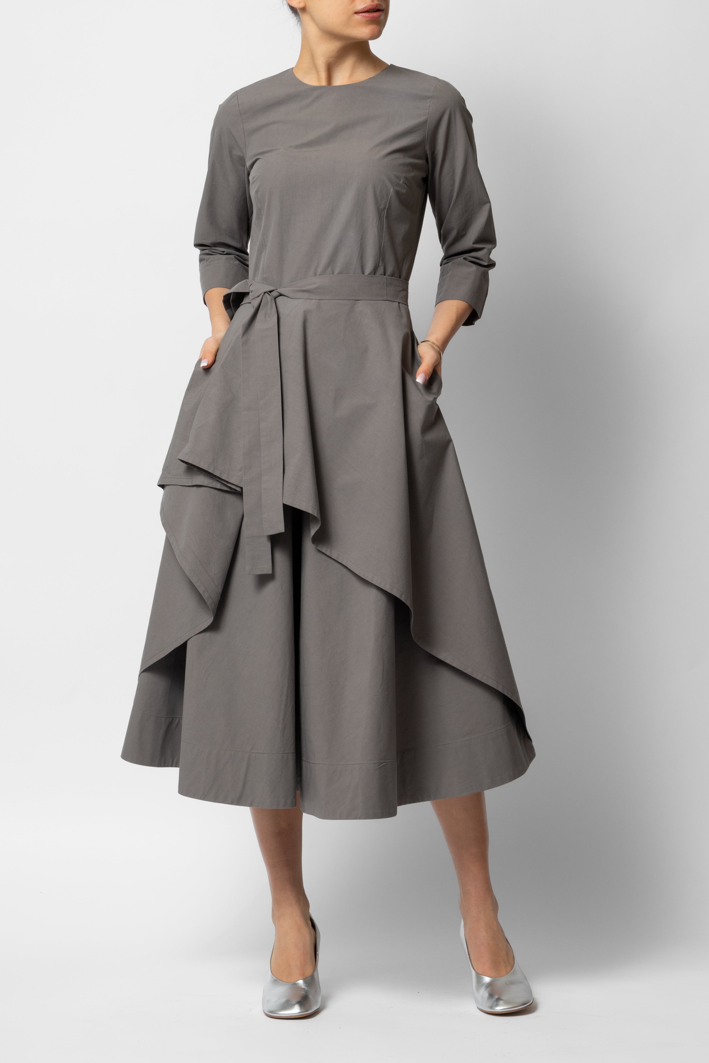 Rochie Midi Semi-Clos din Bumbac, Gri