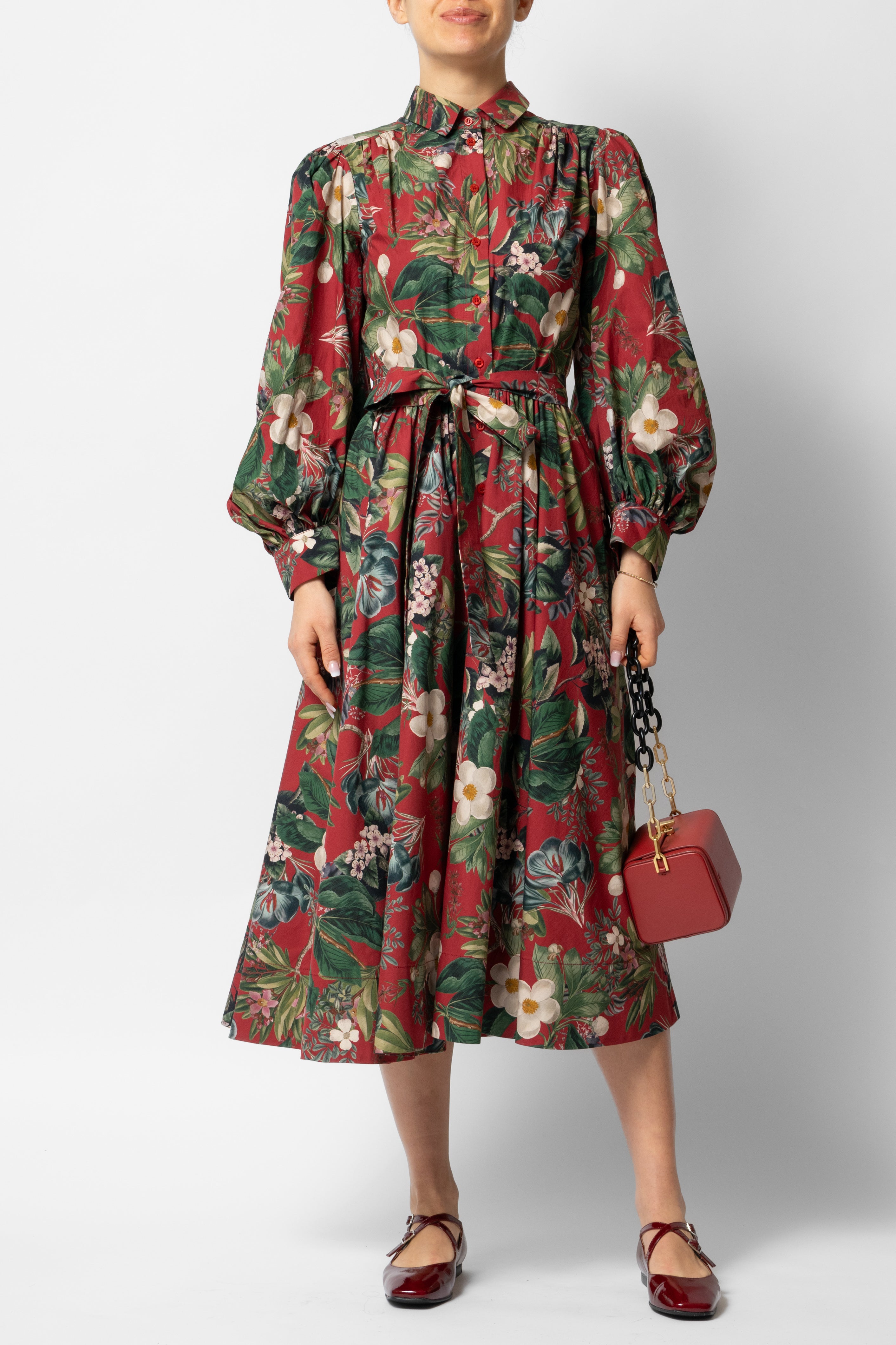 Rochie Camasa Midi cu Maneci Bufante din Bumbac, Grena