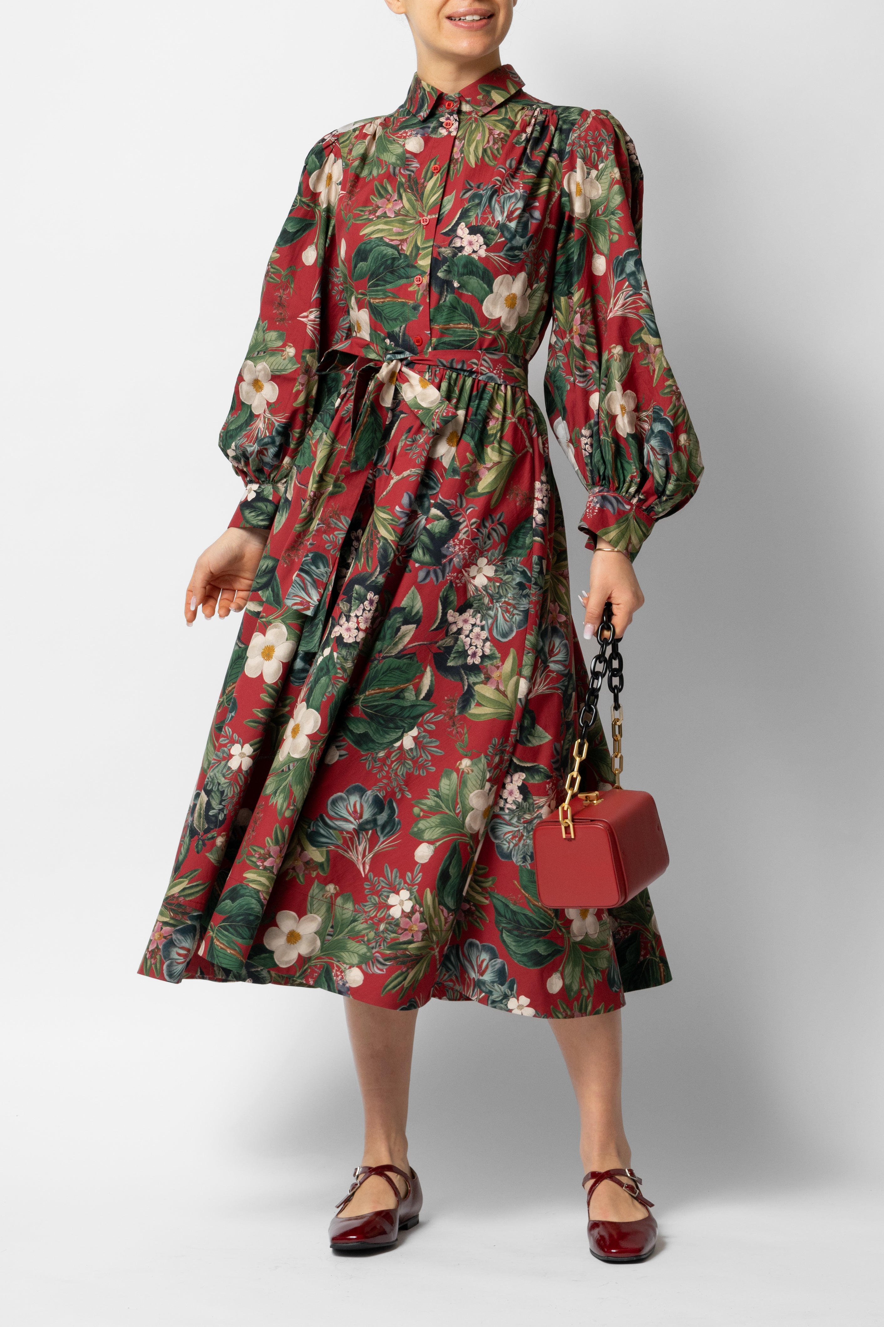 Rochie Camasa Midi cu Maneci Bufante din Bumbac, Grena