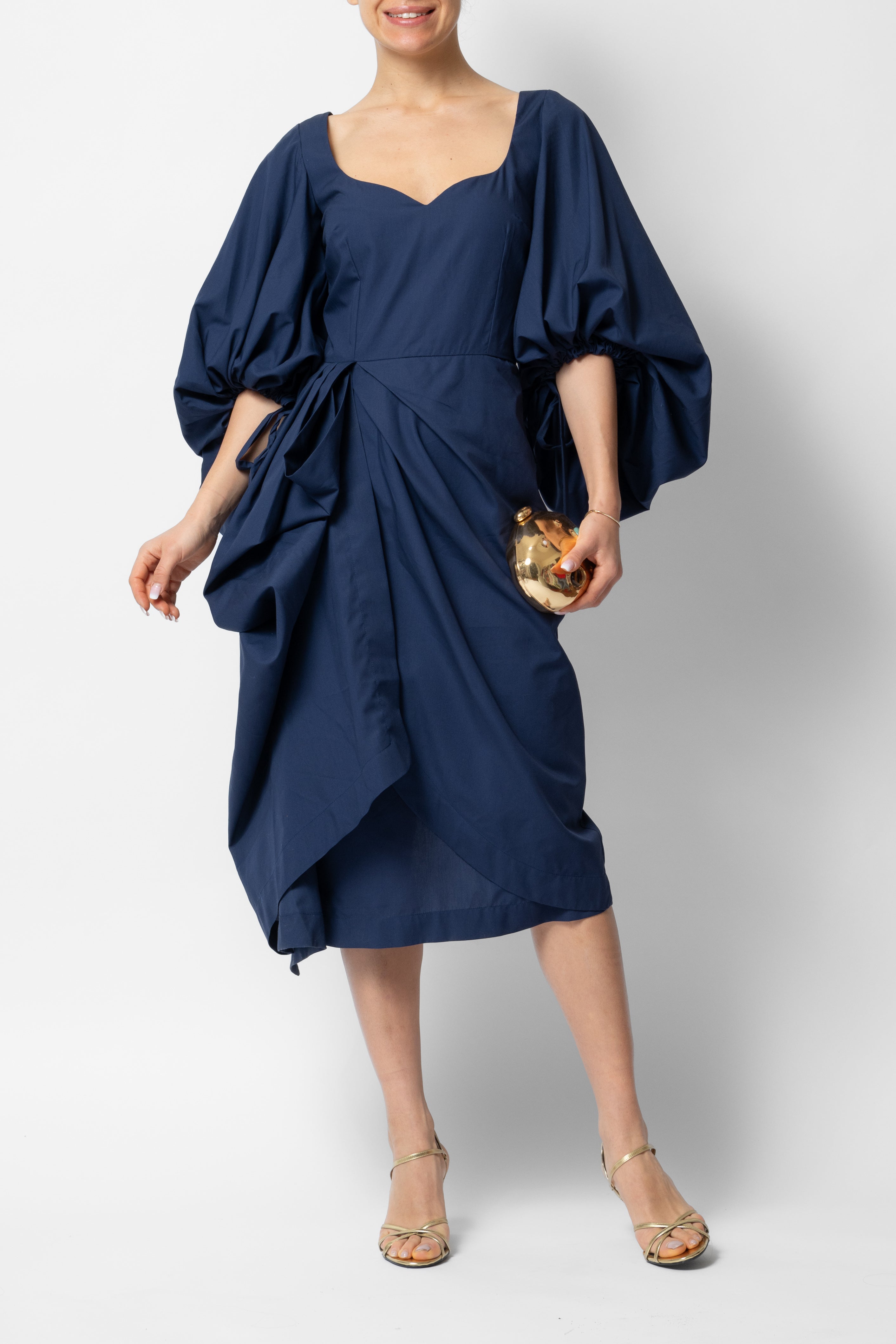 Rochie Midi cu Maneci Voluminoase din Bumbac, Negru-Bleumarin