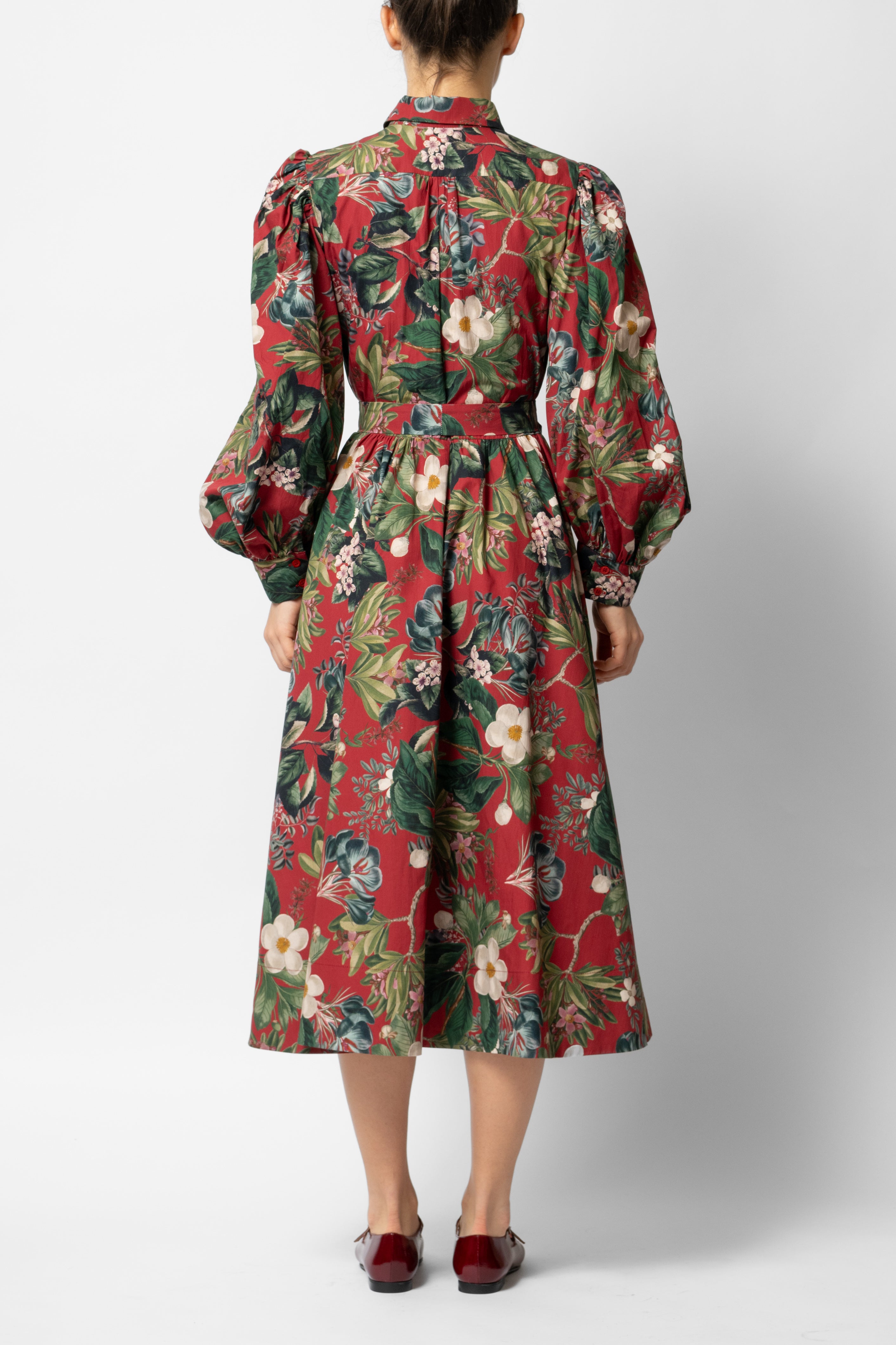 Rochie Camasa Midi cu Maneci Bufante din Bumbac, Grena