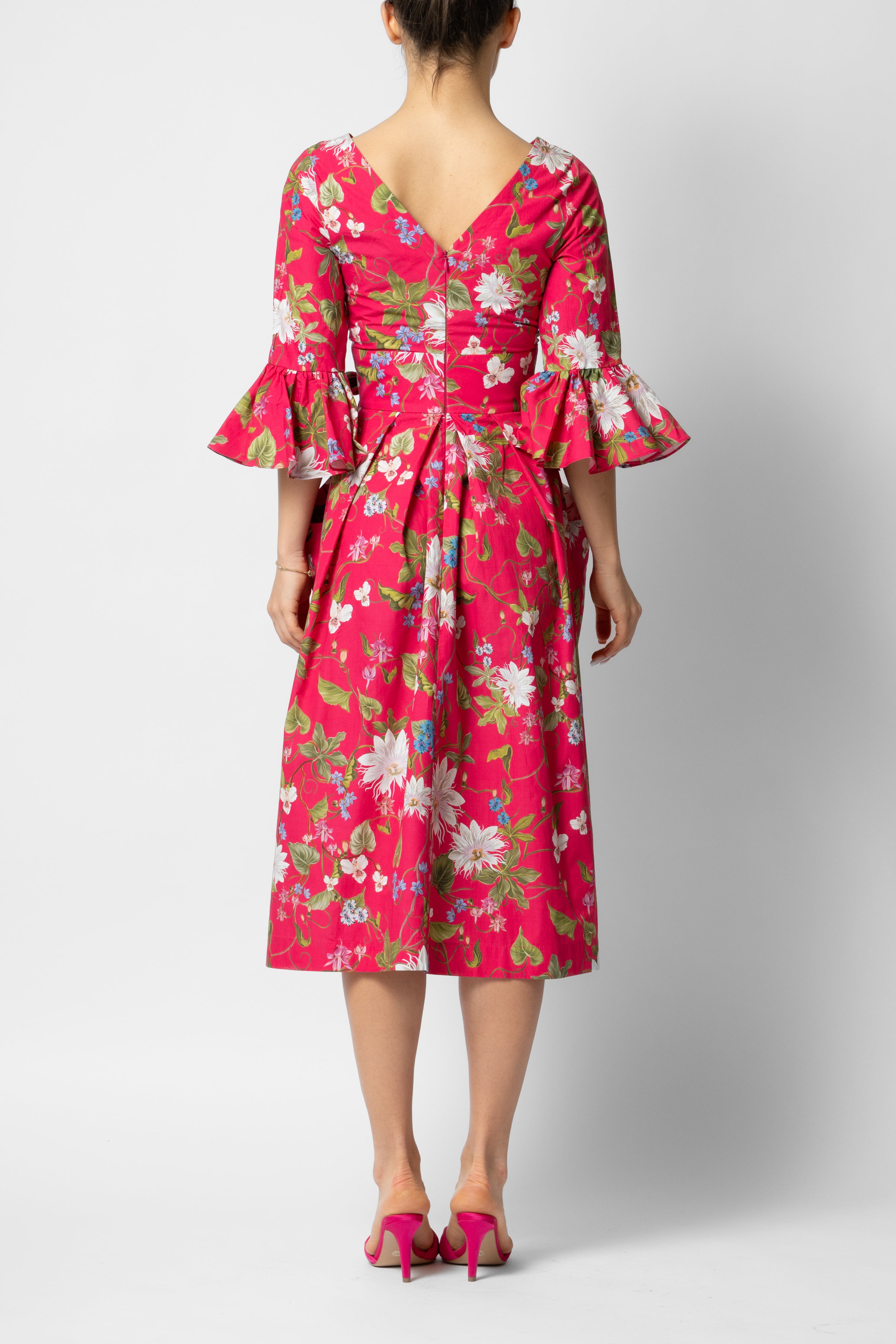 Midi Dress with 3/4 Sleeves in Cotton, Fuchsia