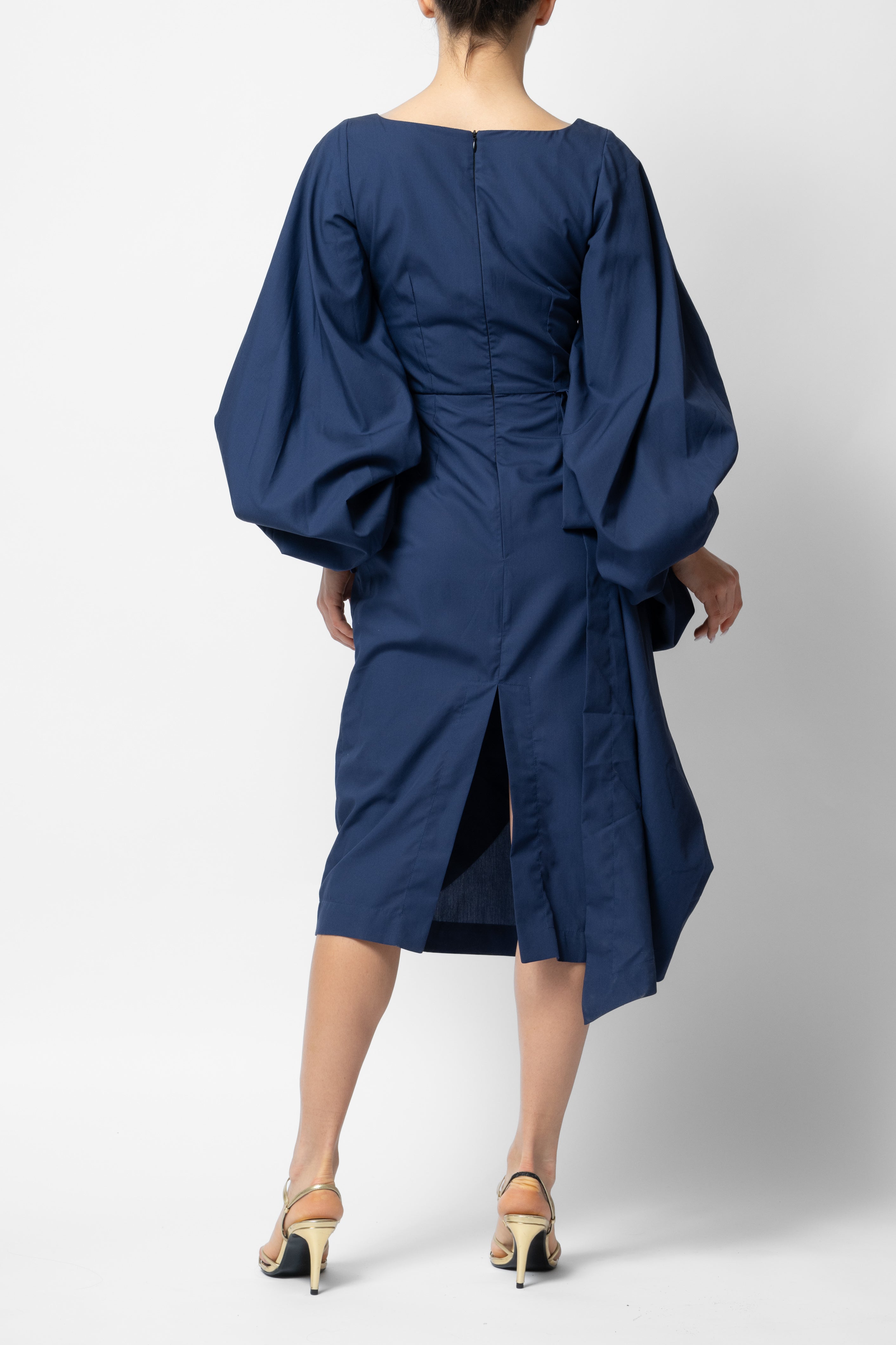 Rochie Midi cu Maneci Voluminoase din Bumbac, Negru-Bleumarin