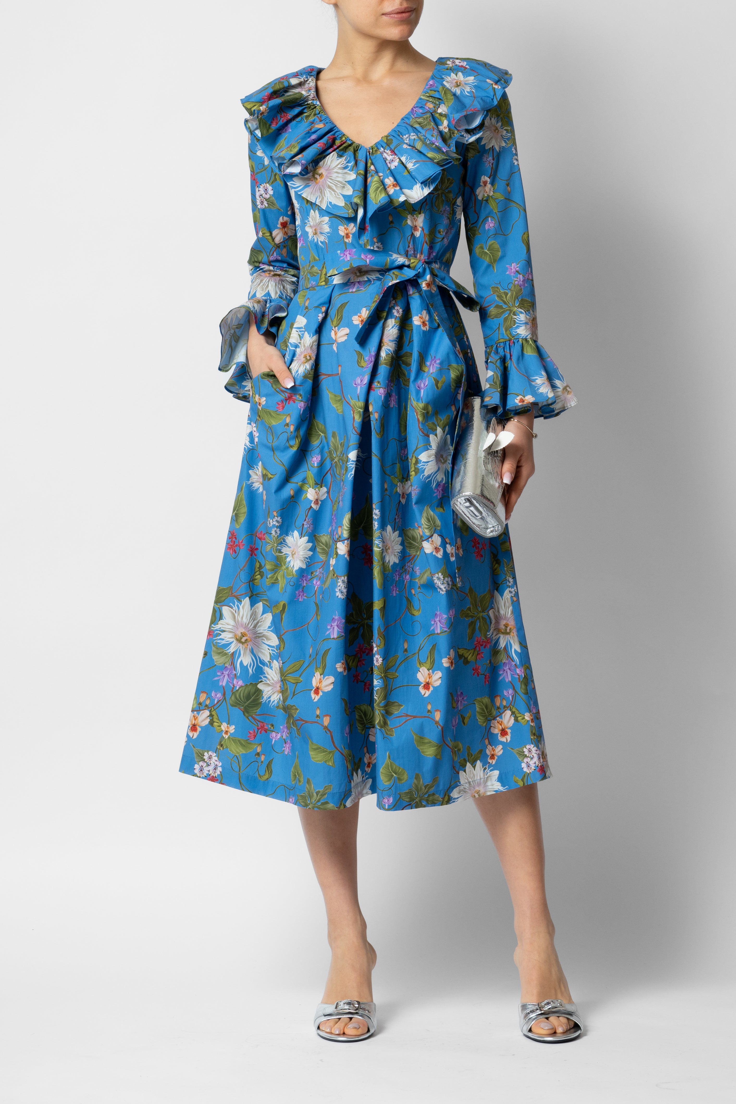 Rochie Midi cu Maneci 3/4 din Bumbac, Albastra