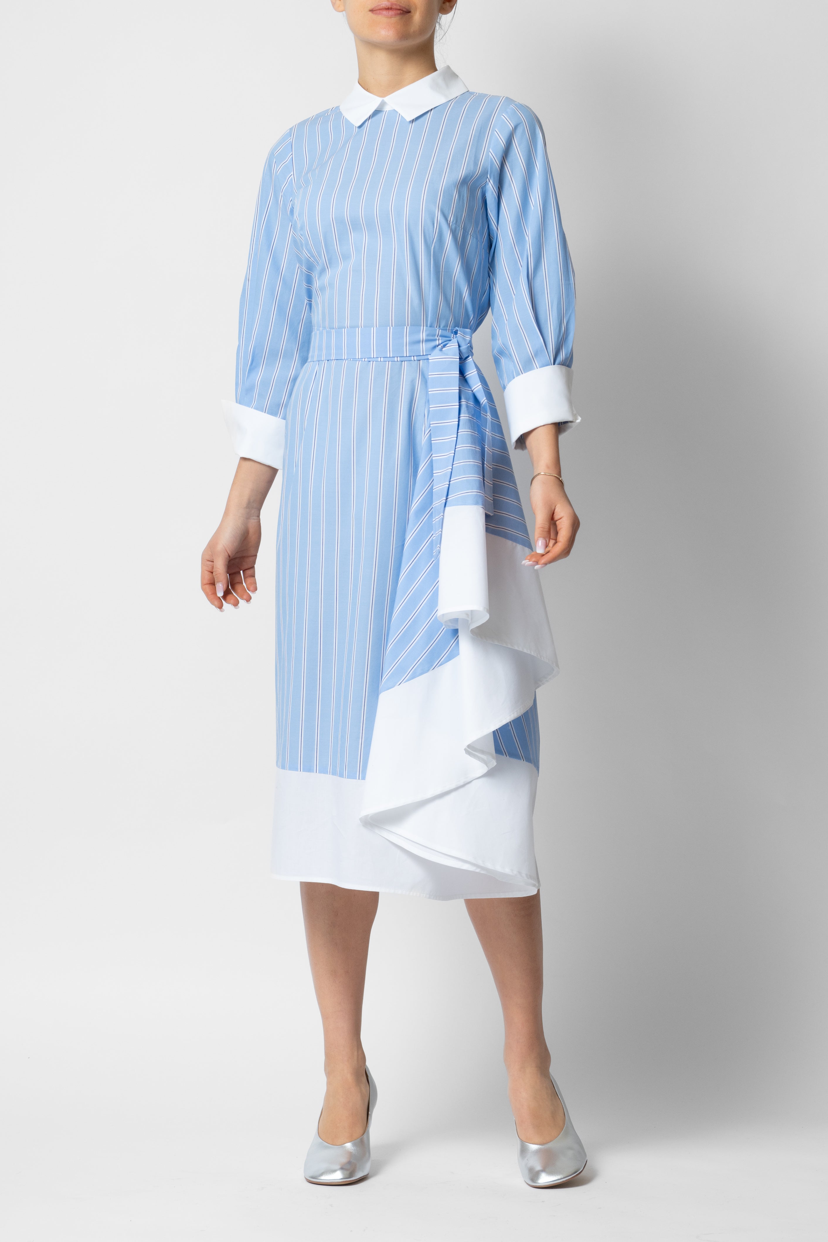 Rochie Midi cu Guler si Mansete din Bumbac, Bleu