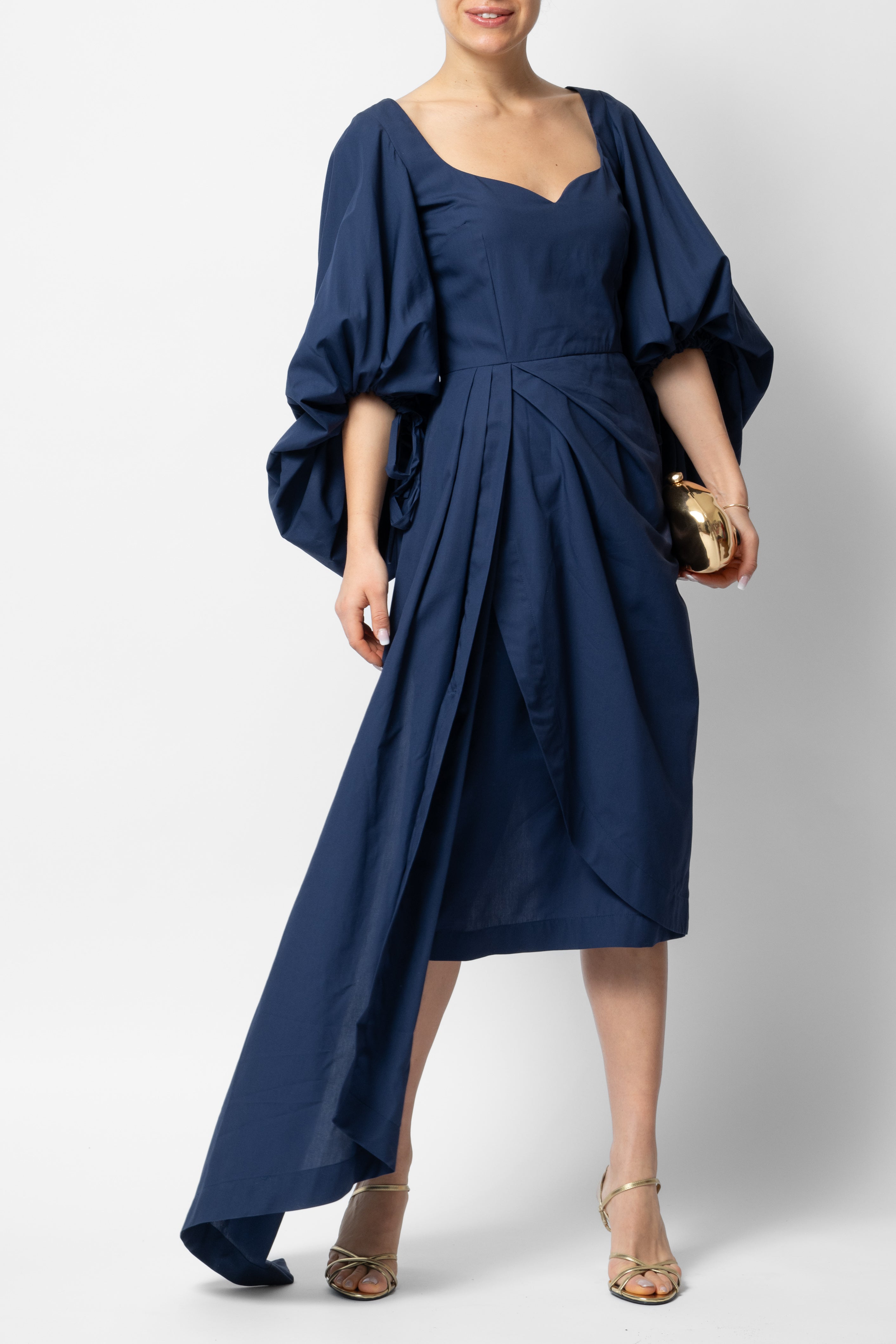 Rochie Midi cu Maneci Voluminoase din Bumbac, Negru-Bleumarin