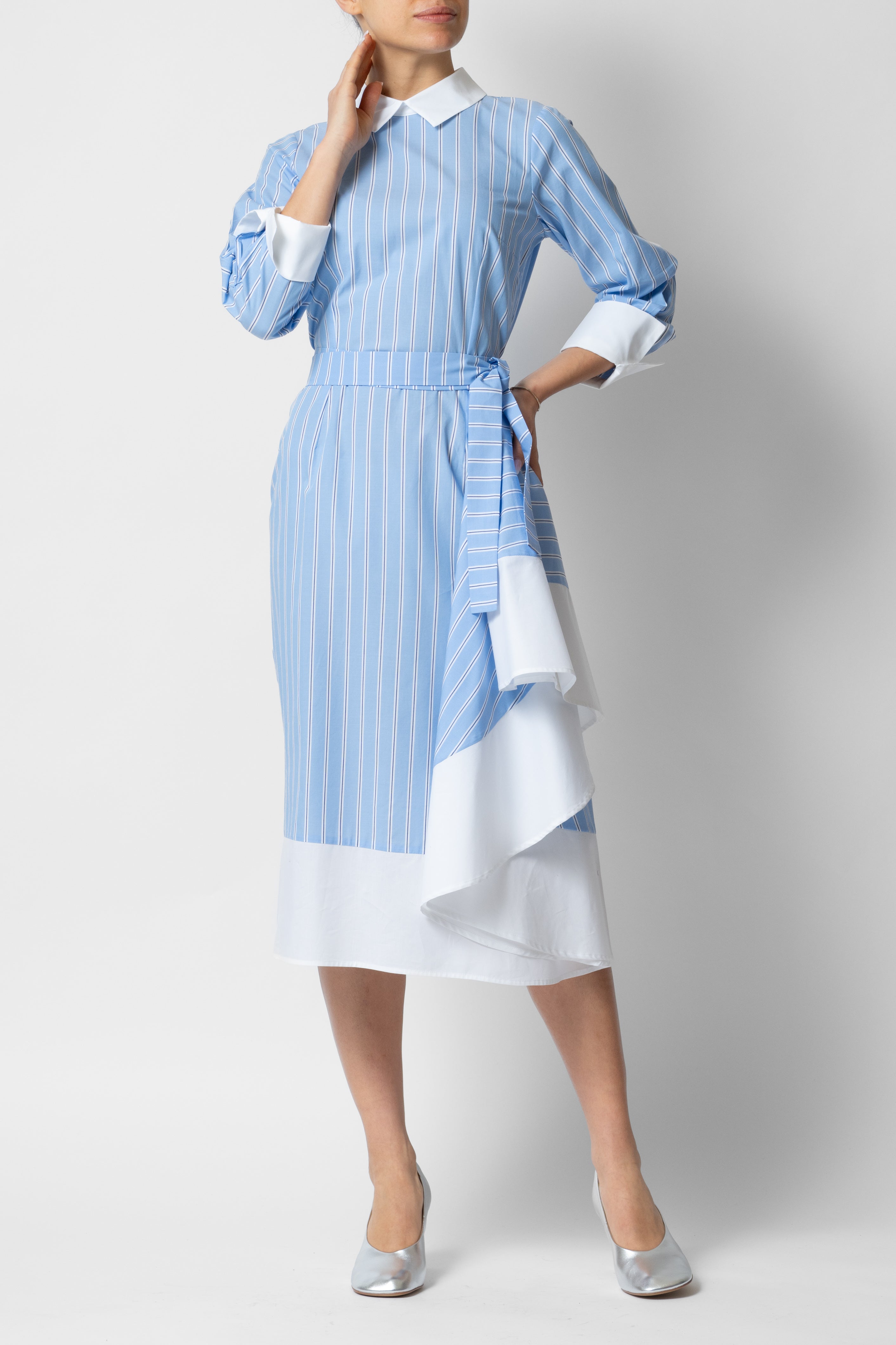 Rochie Midi cu Guler si Mansete din Bumbac, Bleu