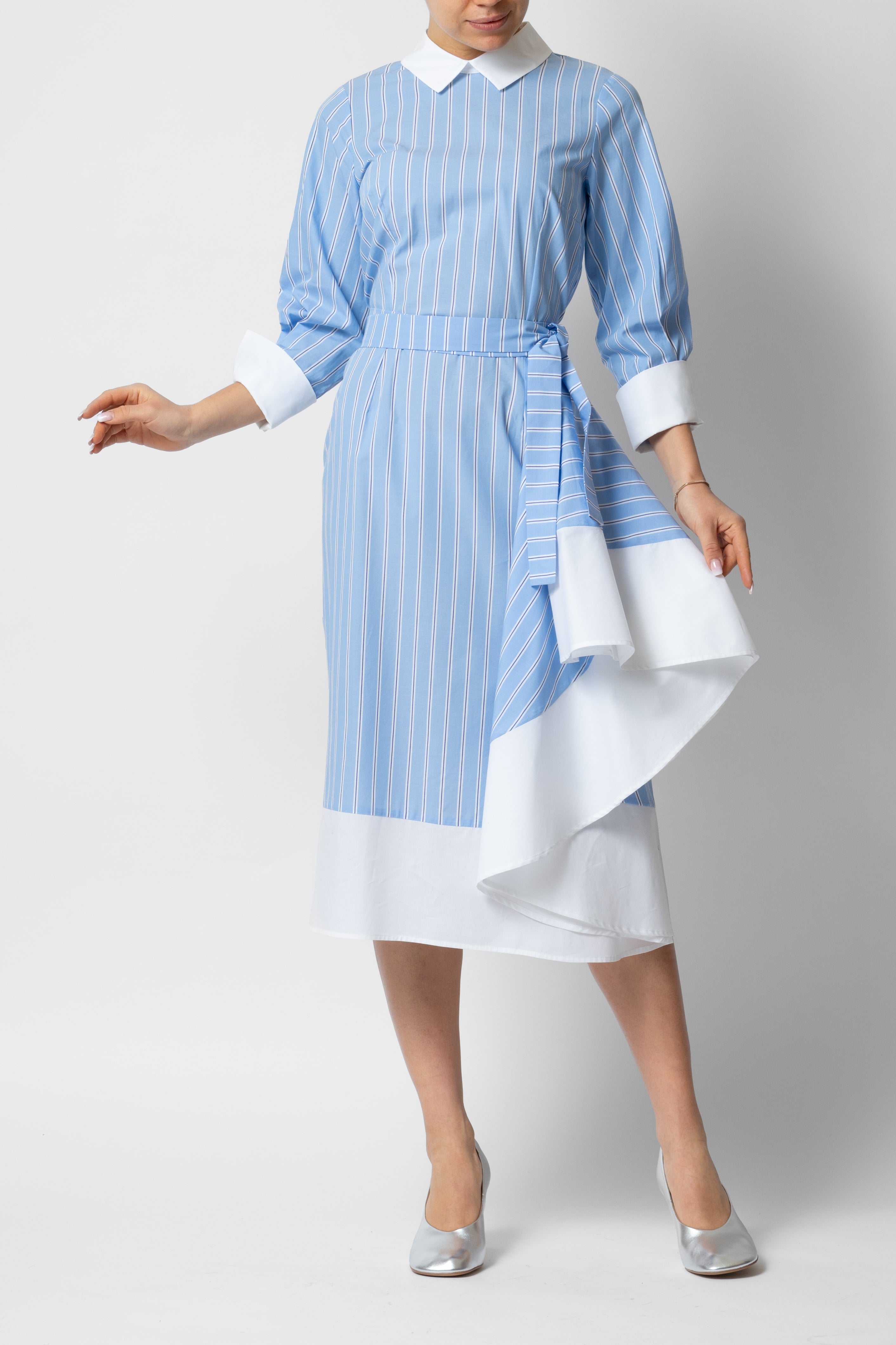 Midi Dress with Collar and Cuffs in Cotton, Blue