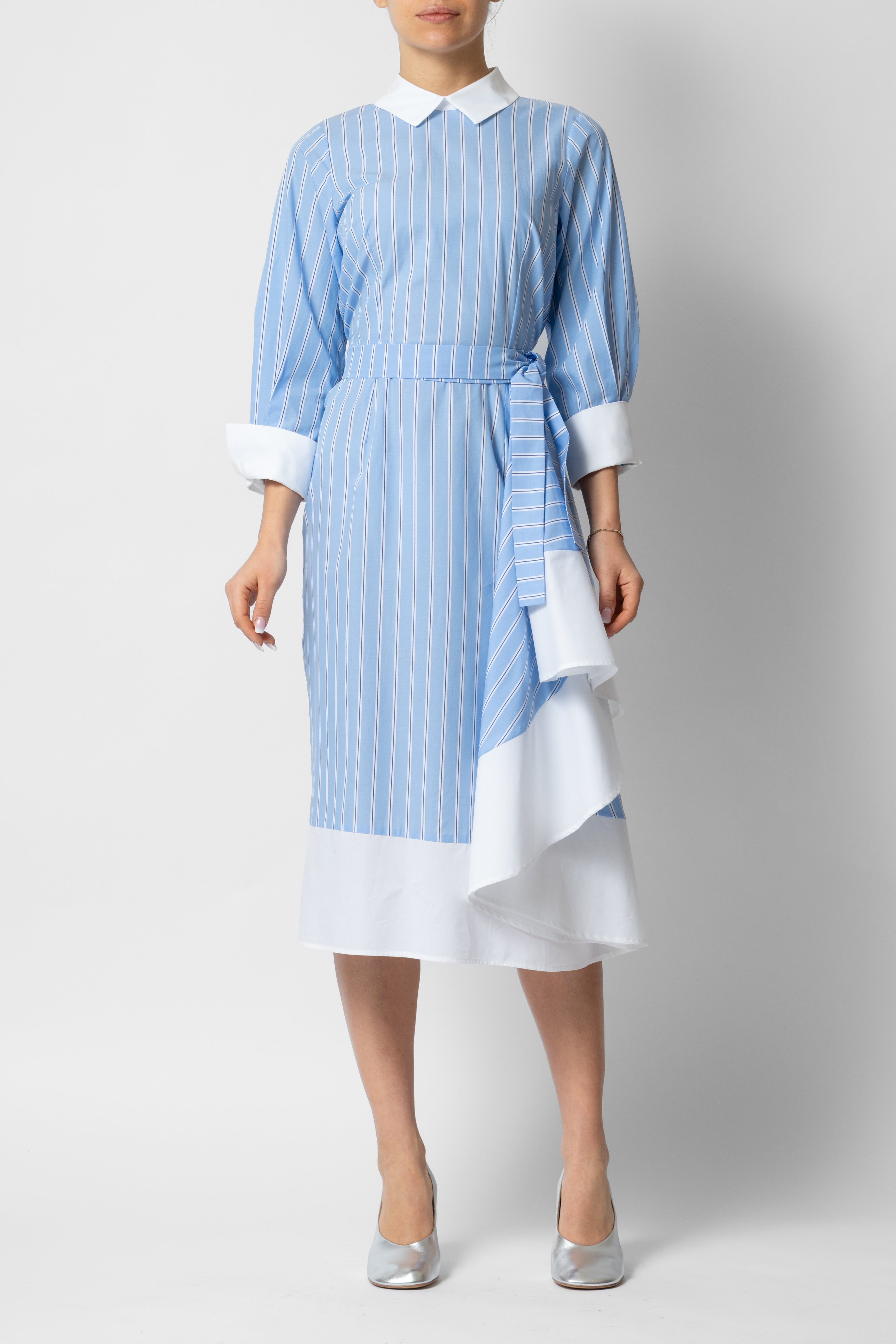 Midi Dress with Collar and Cuffs in Cotton, Blue