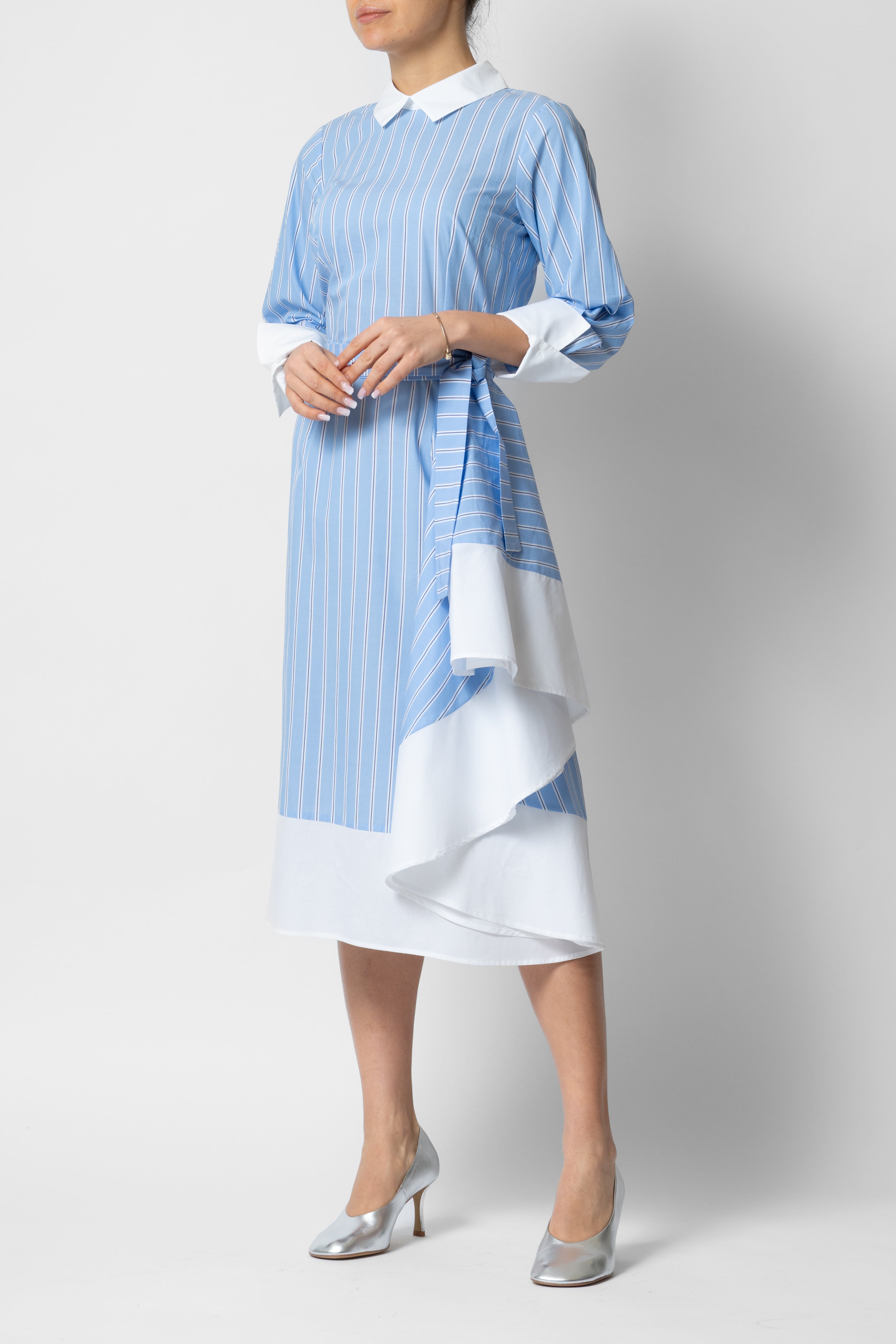 Midi Dress with Collar and Cuffs in Cotton, Blue