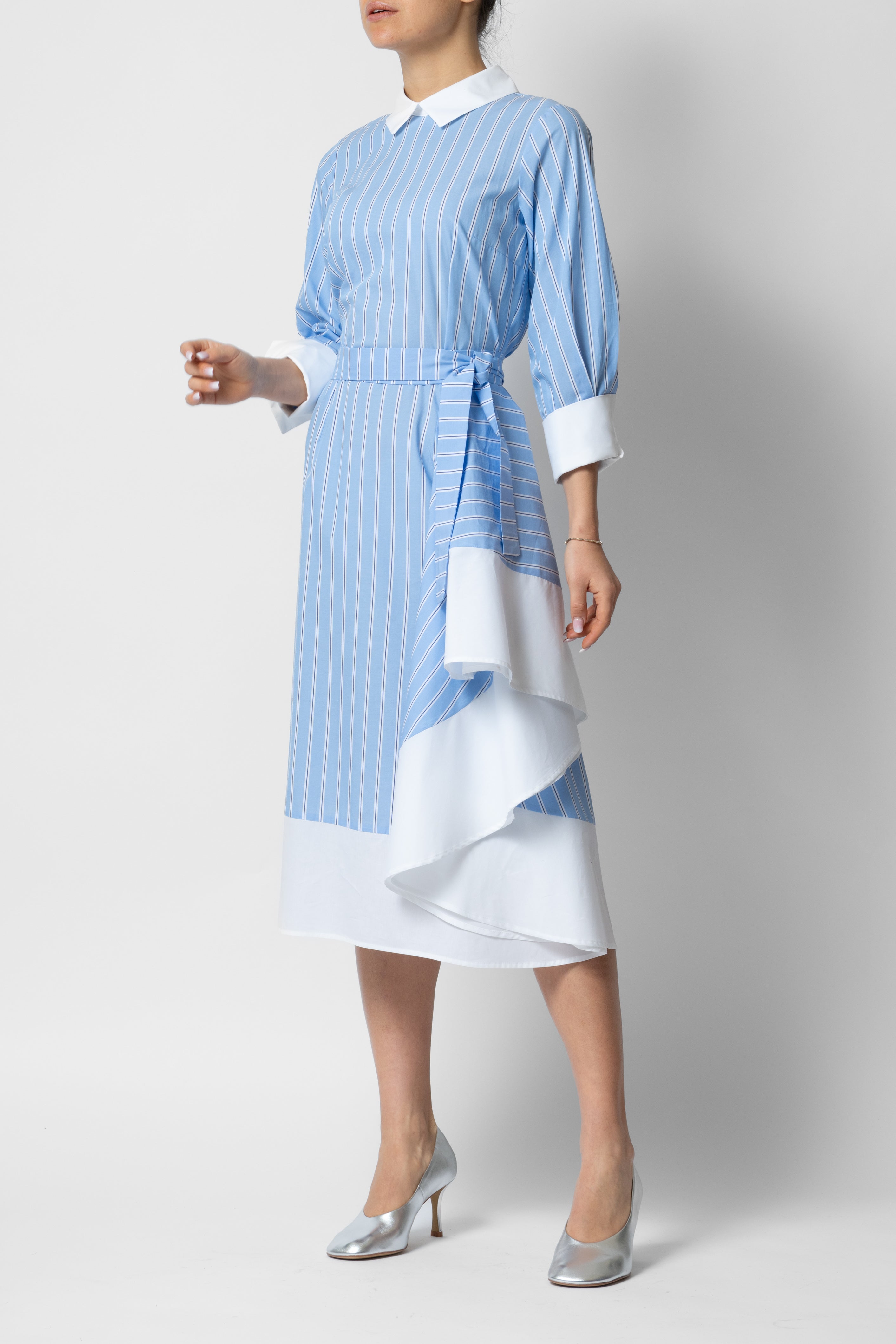 Midi Dress with Collar and Cuffs in Cotton, Blue