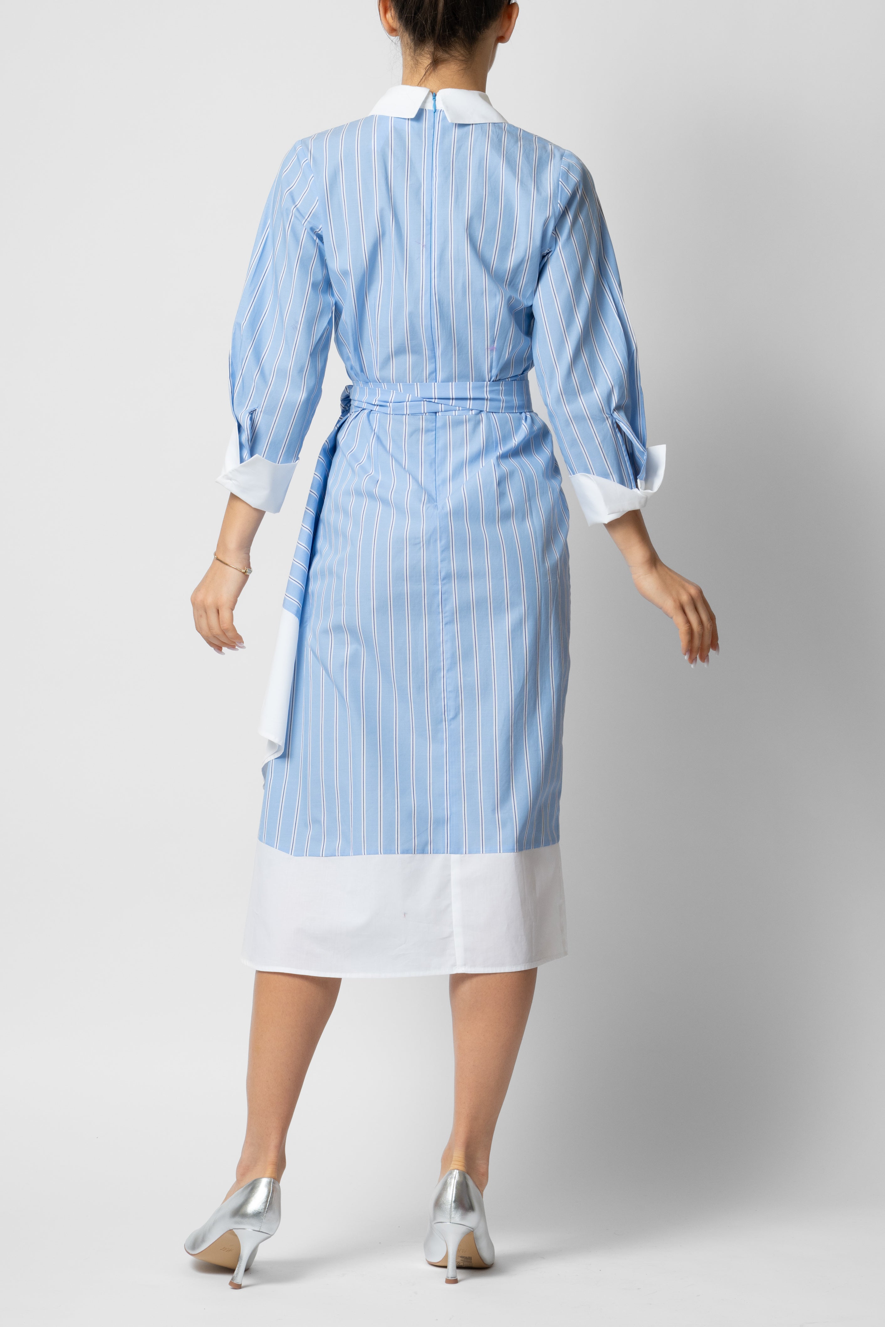 Midi Dress with Collar and Cuffs in Cotton, Blue