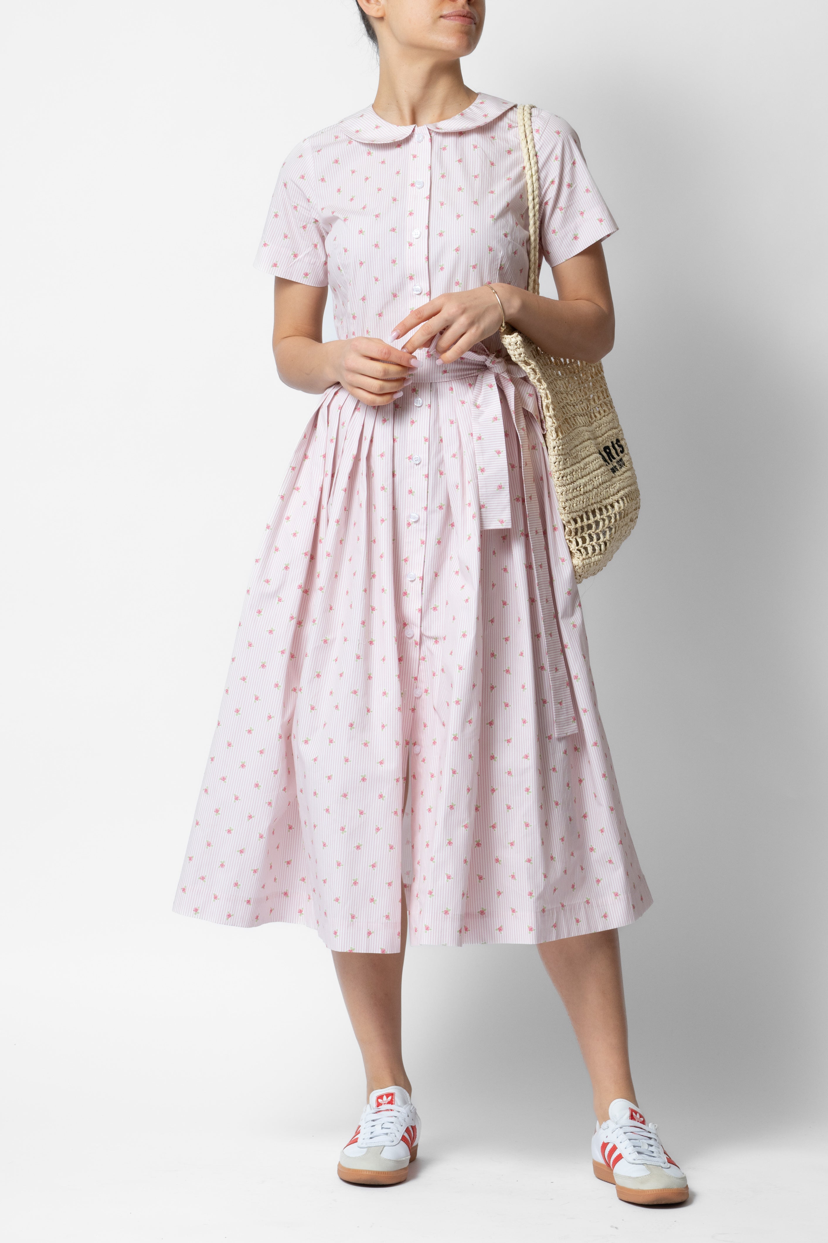 Rochie Camasa Midi cu Imprimeu Floral si Dungat, Roz