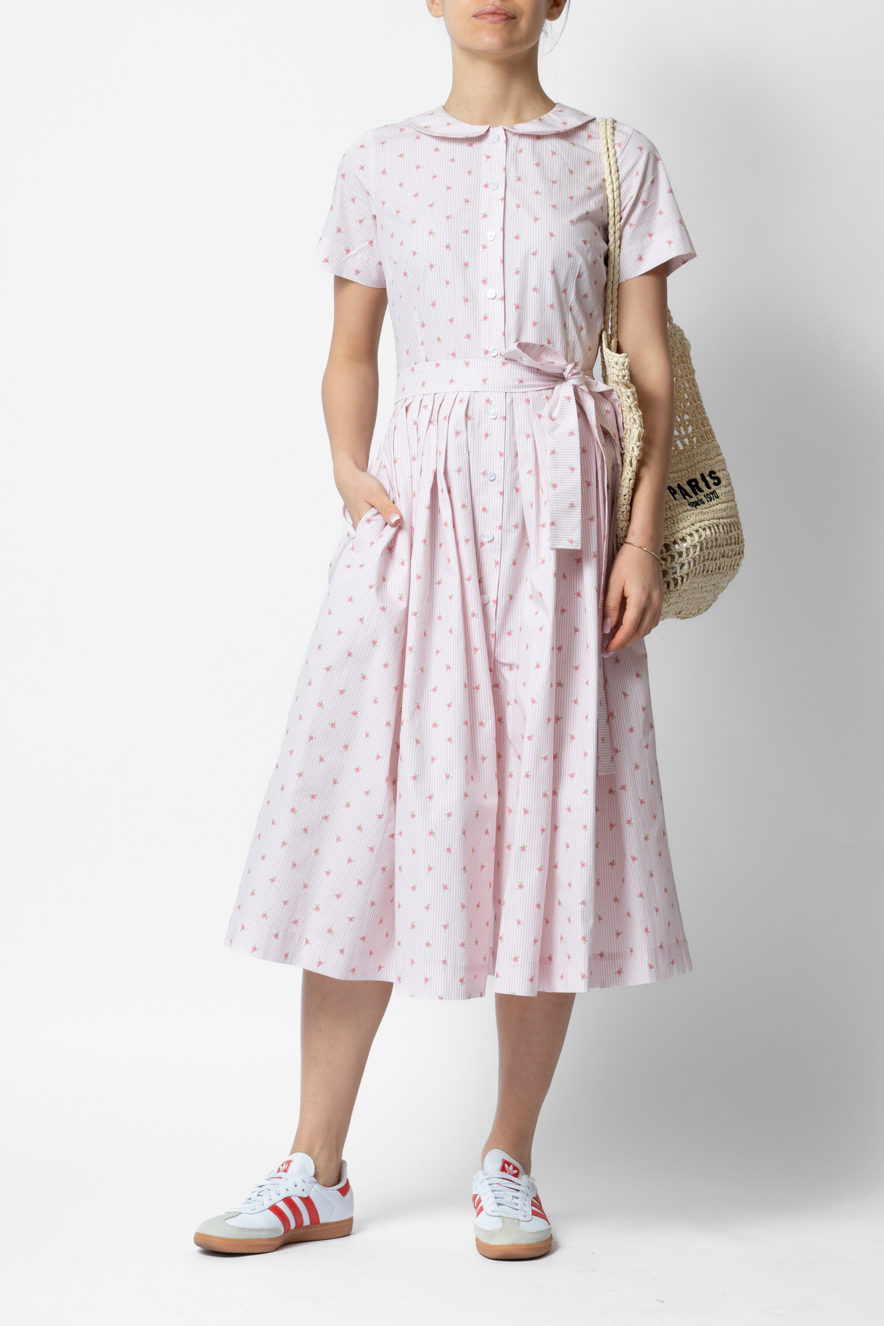 Floral and Striped Midi Shirt Dress, Pink