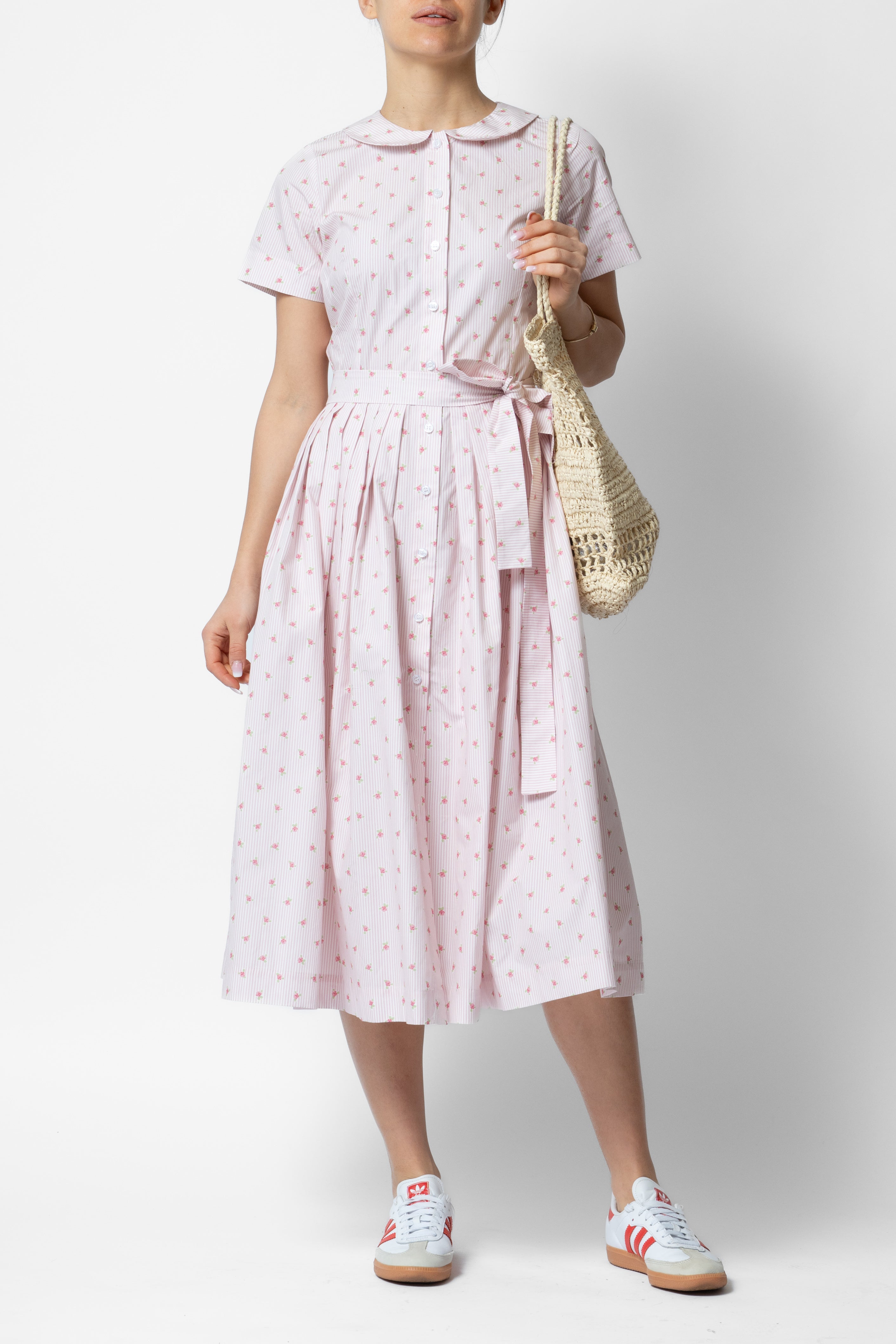 Floral and Striped Midi Shirt Dress, Pink