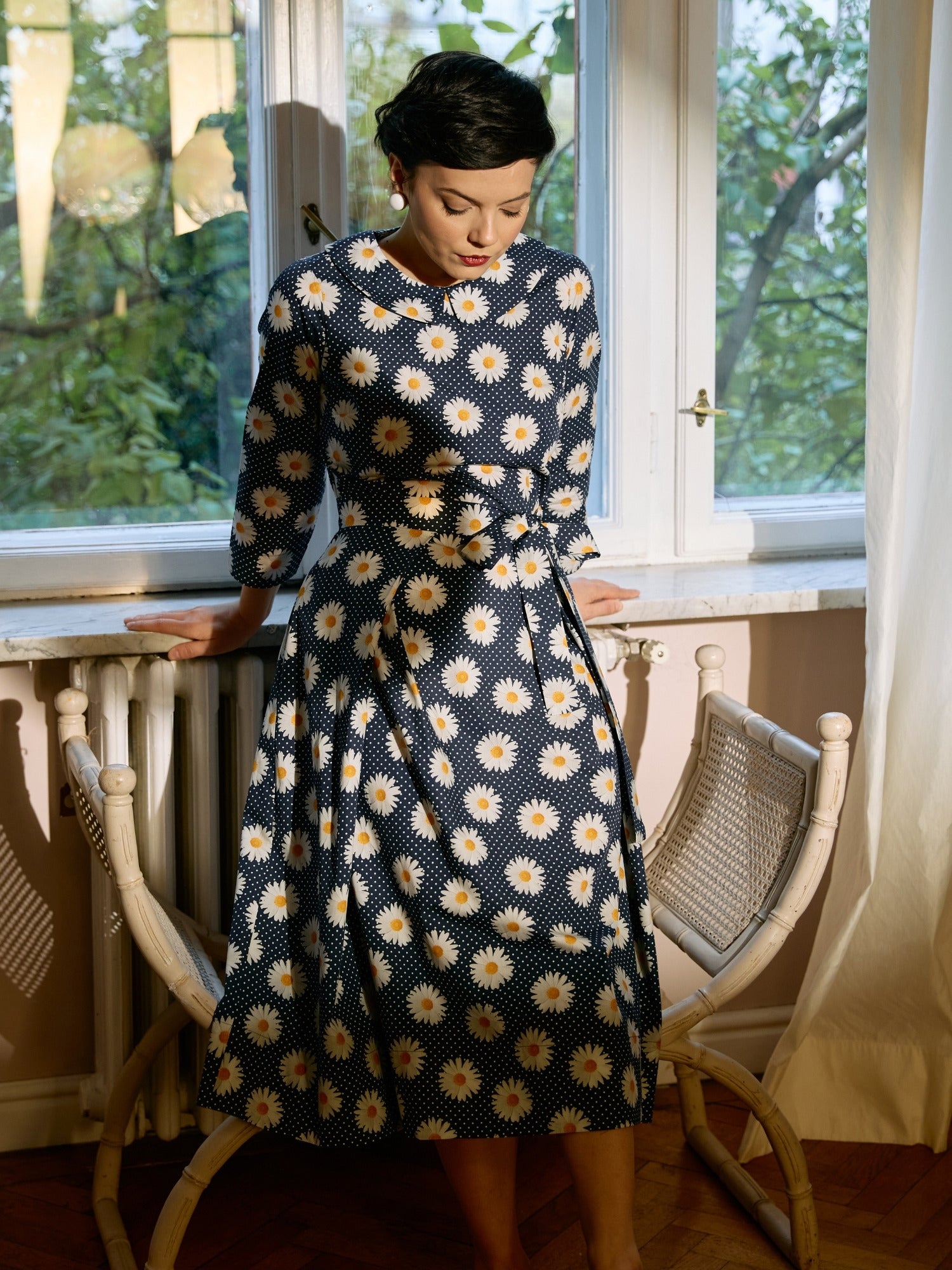 Rochie Midi cu Maneca 3/4 si Imprimeu din Bumbac, Neagra