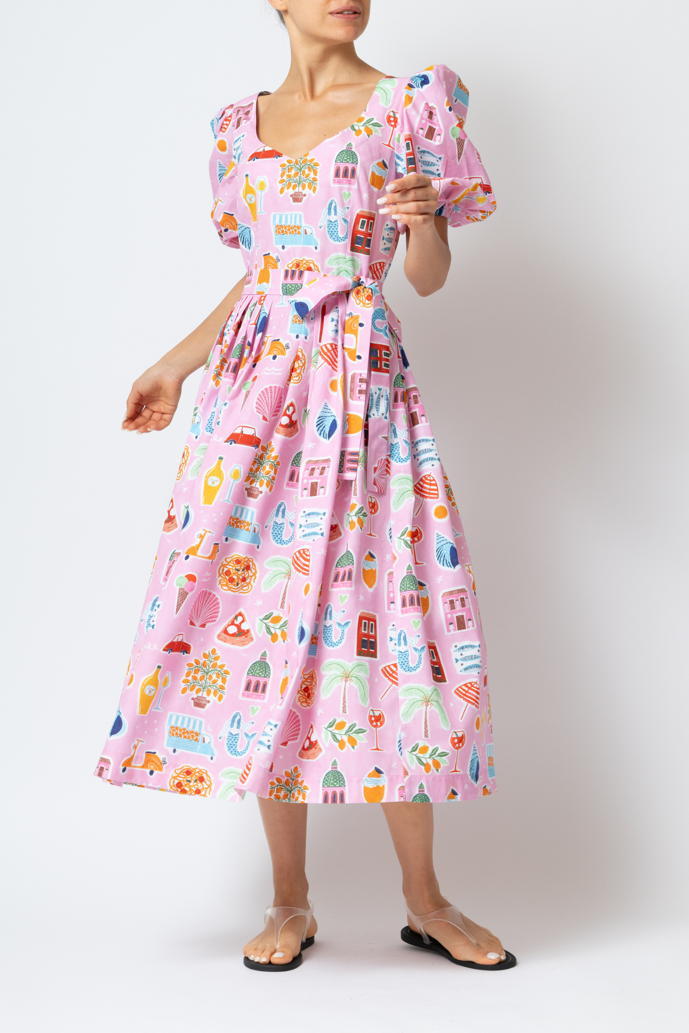 Rochie Midi cu Imprimeu Amalfi din Bumbac “Madalina Andronic x Milla Milla”, Roz