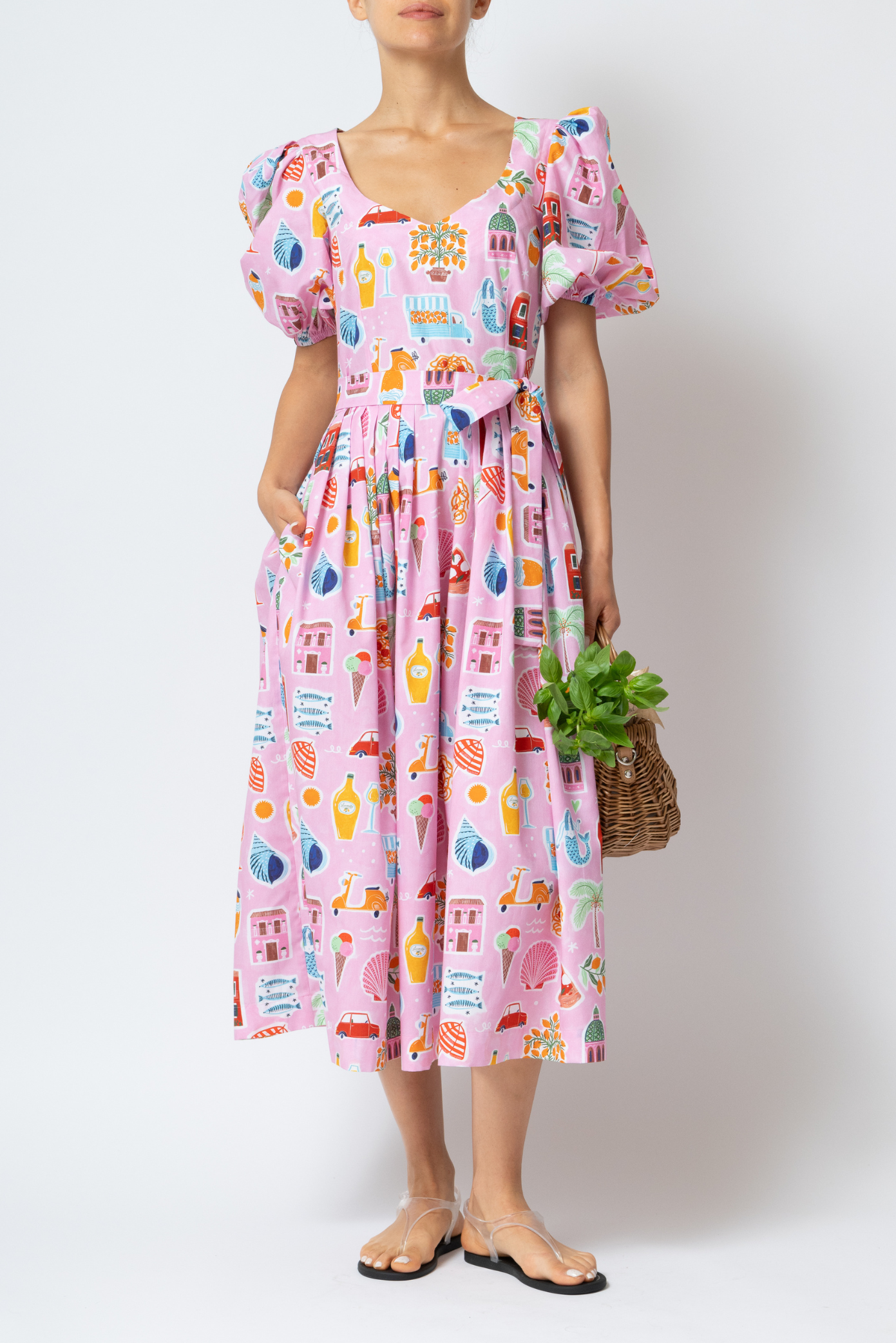 Rochie Midi cu Imprimeu Amalfi din Bumbac “Madalina Andronic x Milla Milla”, Roz