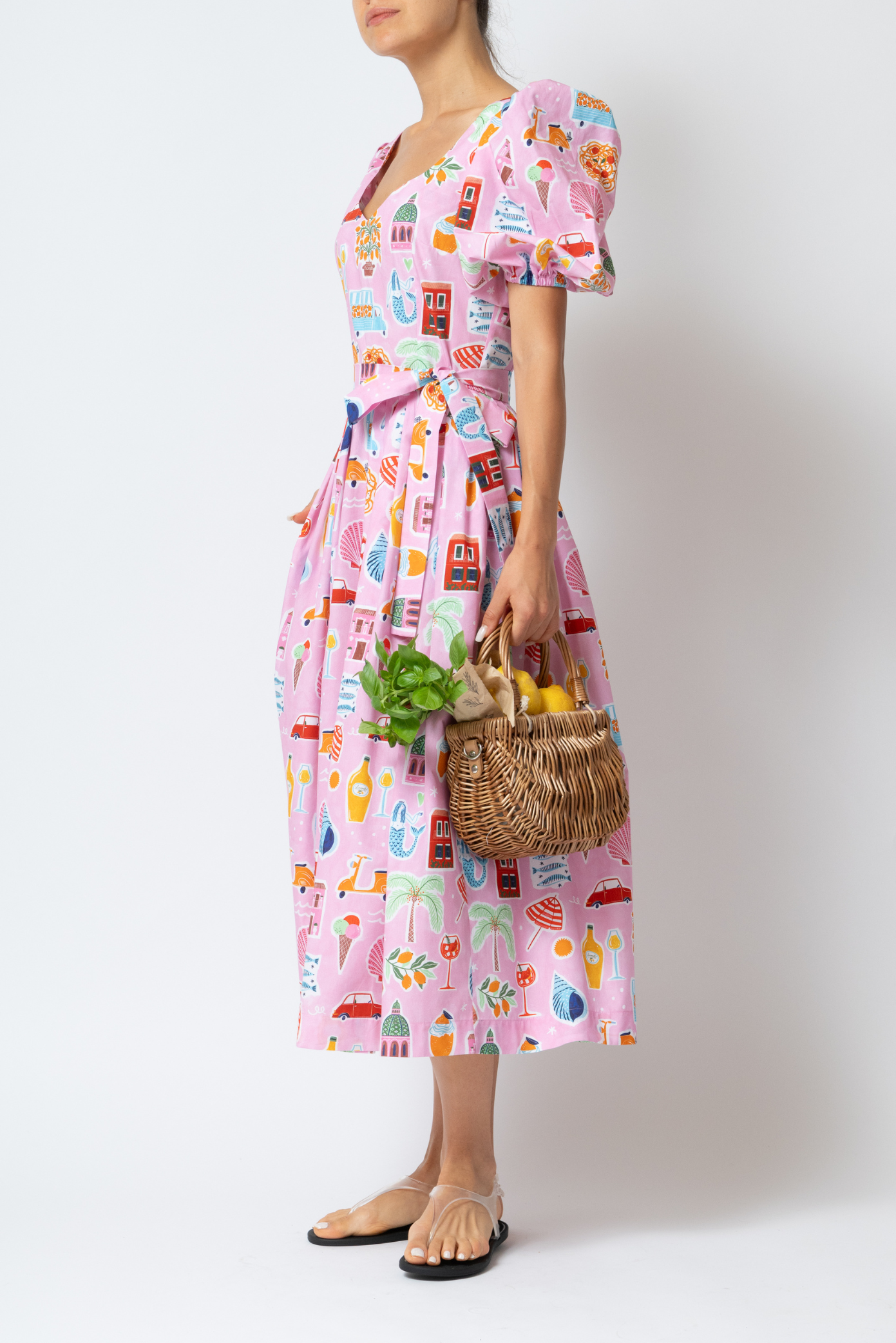 Rochie Midi cu Imprimeu Amalfi din Bumbac “Madalina Andronic x Milla Milla”, Roz