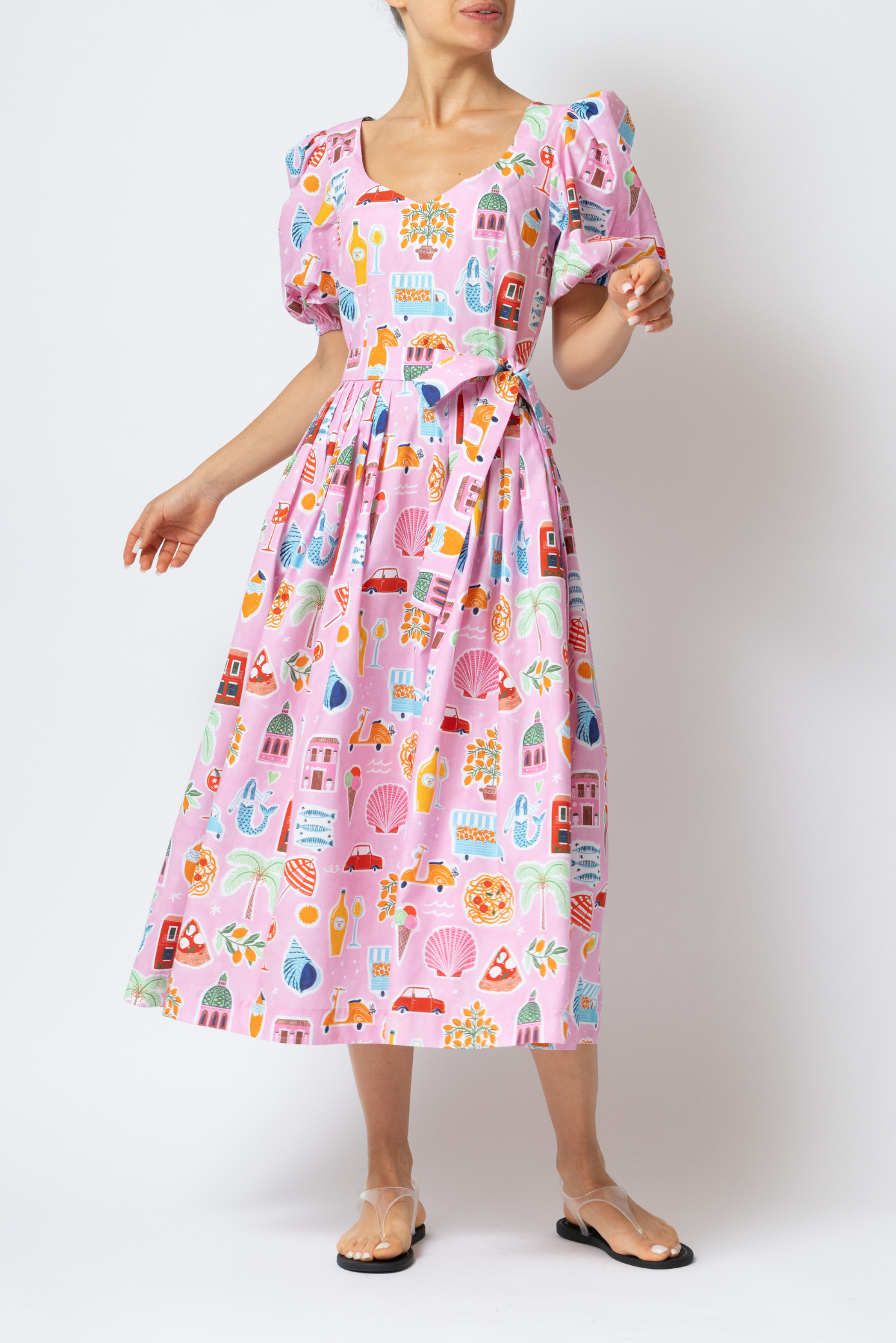 Rochie Midi cu Imprimeu Amalfi din Bumbac “Madalina Andronic x Milla Milla”, Roz