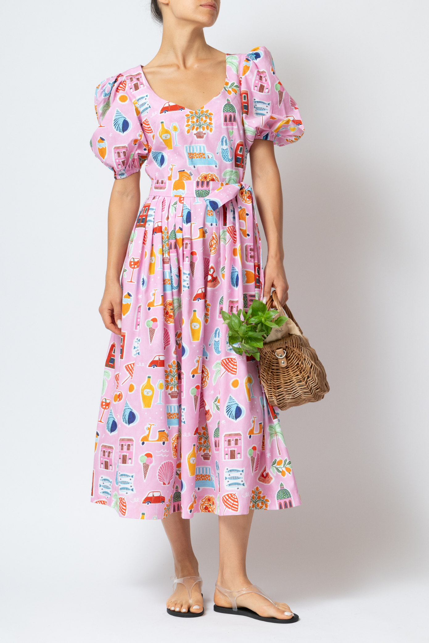 Rochie Midi cu Imprimeu Amalfi din Bumbac “Madalina Andronic x Milla Milla”, Roz