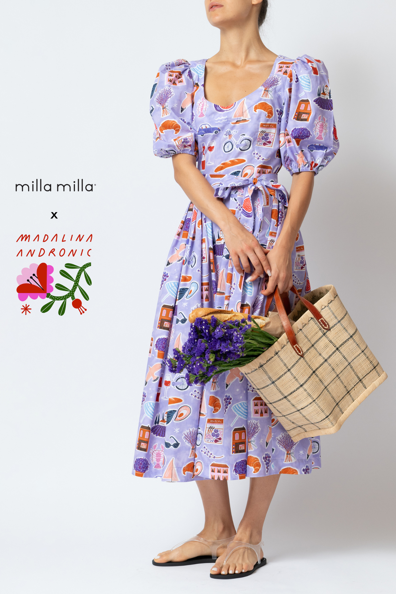 Rochie Midi cu Imprimeu Provence din Bumbac “Madalina Andronic X Milla Milla”, Mov