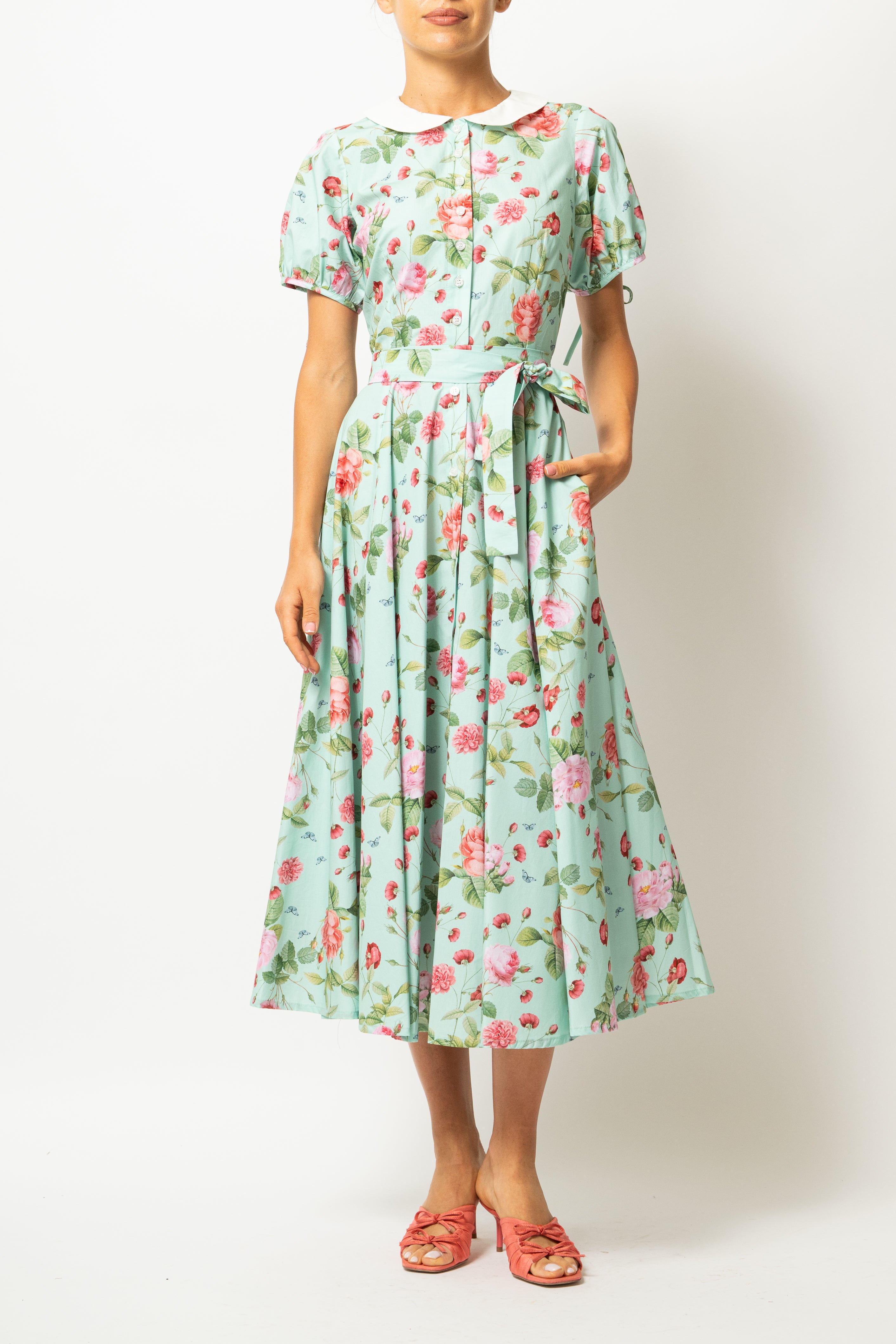 Floral and Striped Midi Shirt Dress, Blue