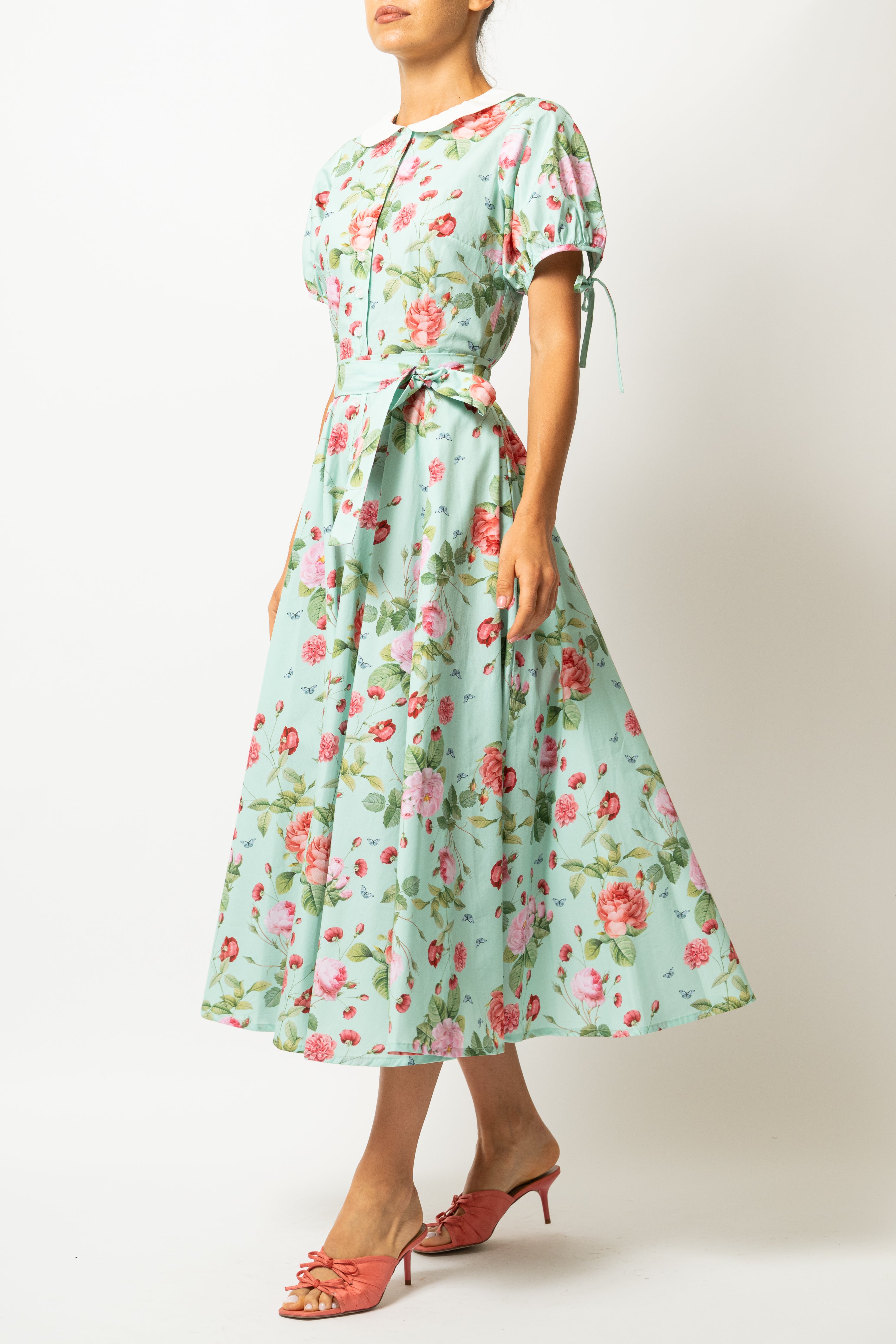 Floral and Striped Midi Shirt Dress, Blue