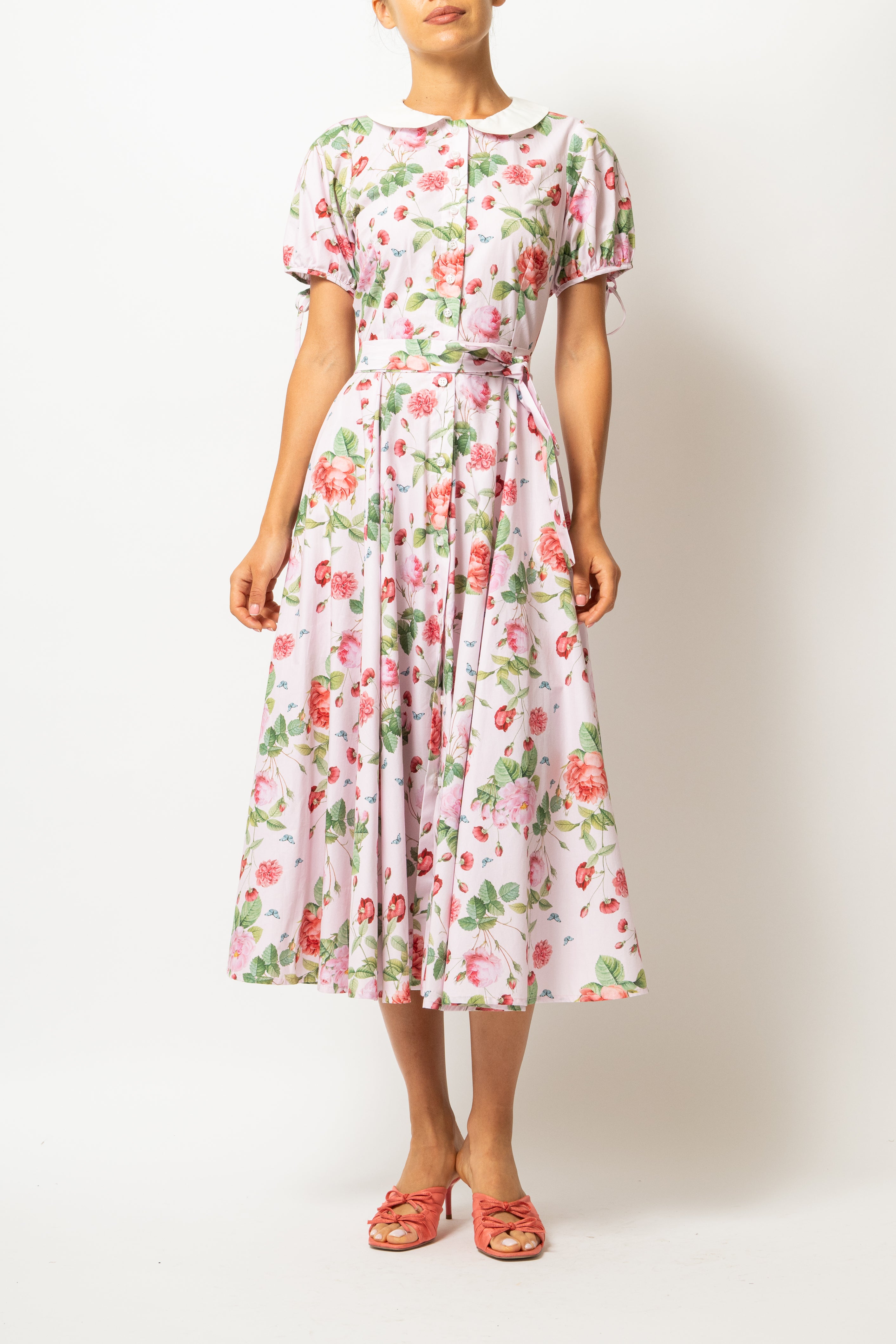 Floral and Striped Midi Shirt Dress, Blue