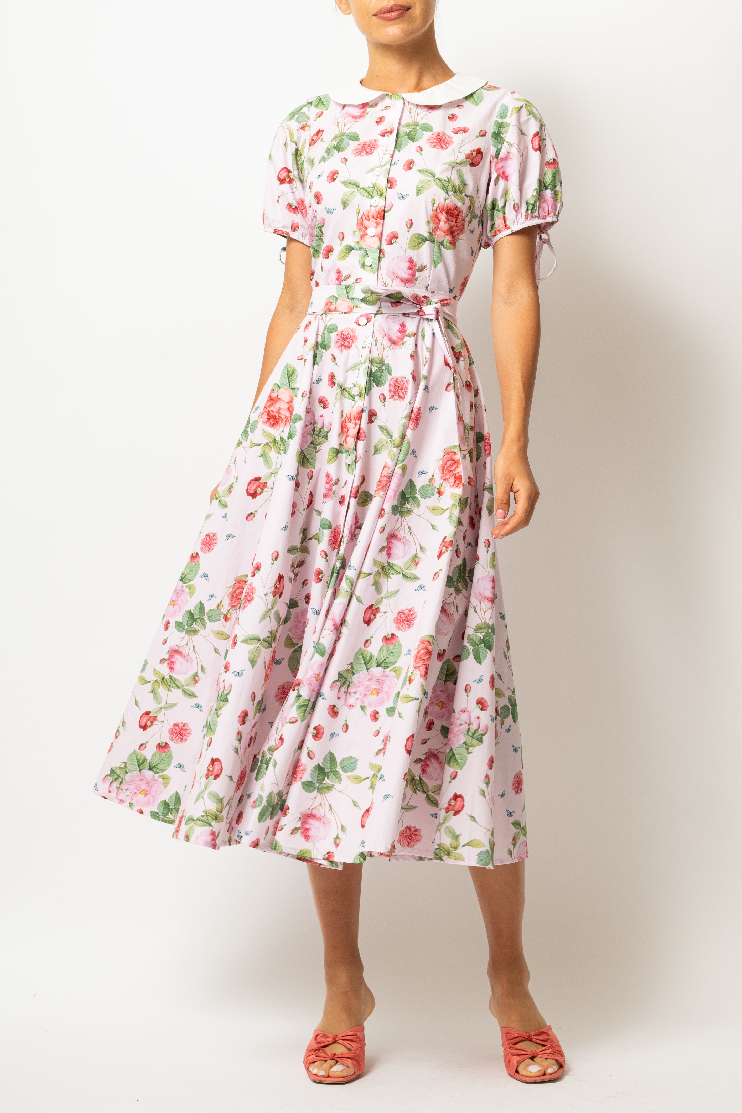 Floral and Striped Midi Shirt Dress, Blue