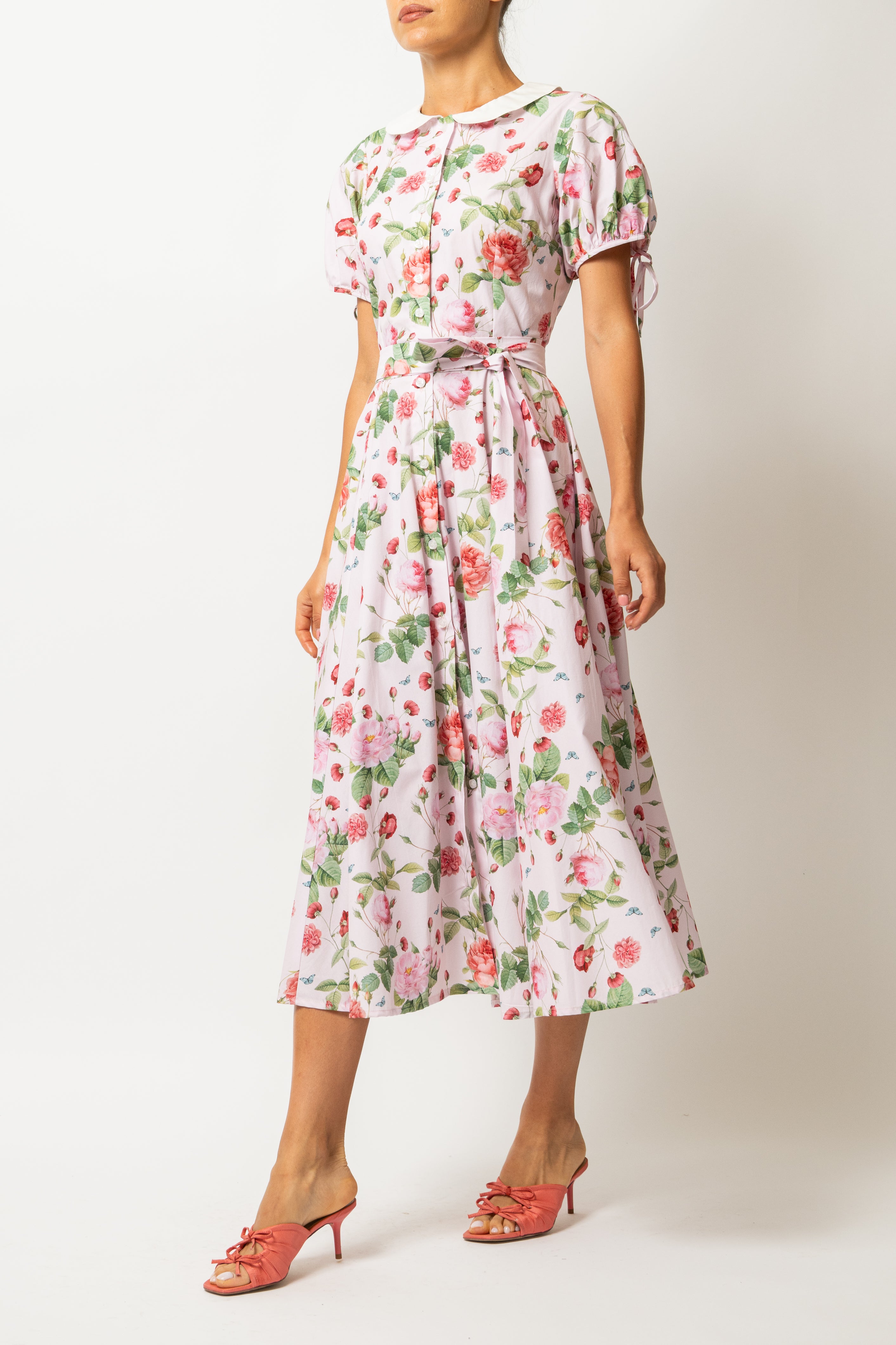 Floral and Striped Midi Shirt Dress, Blue