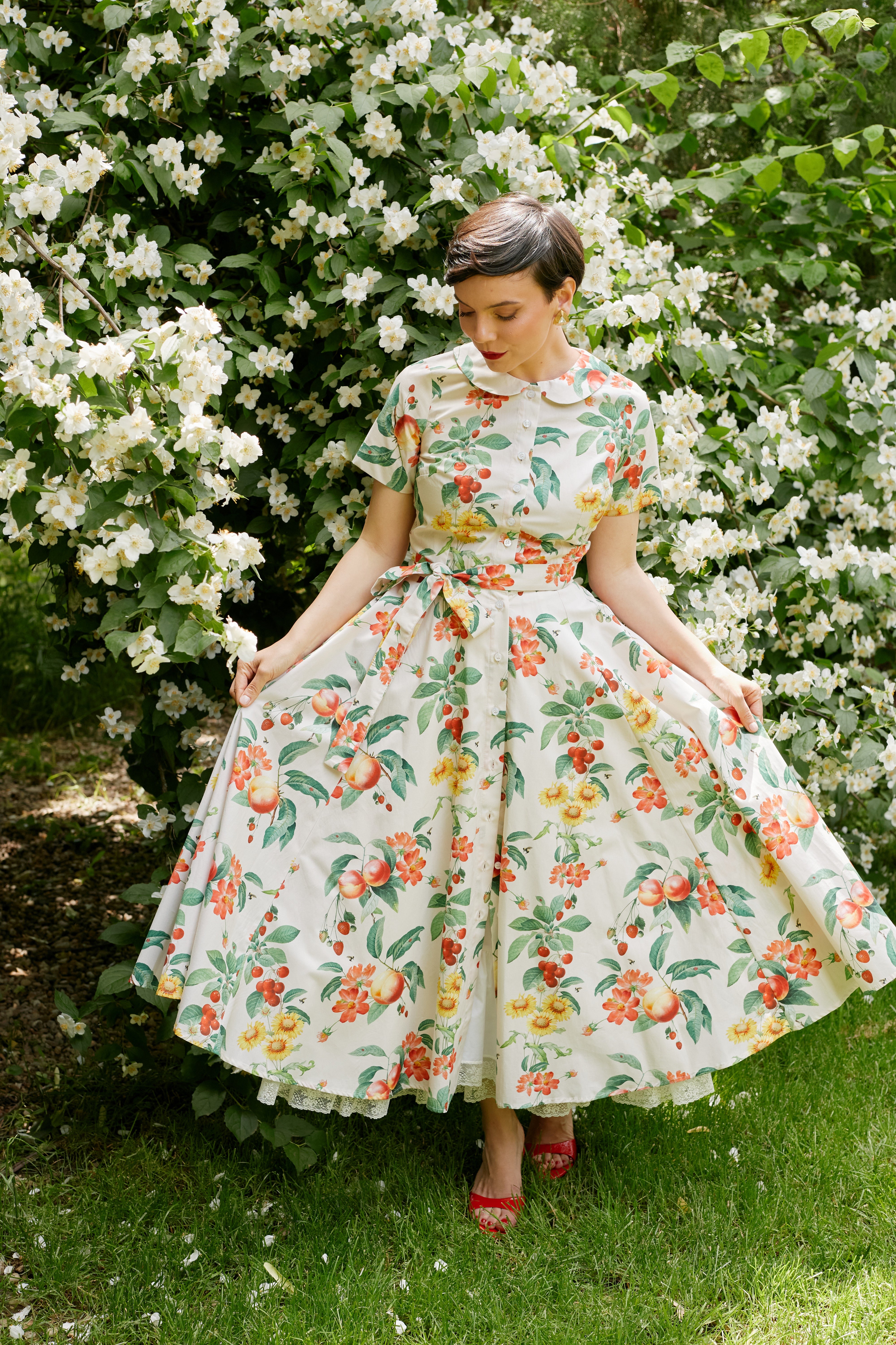 Rochie Camasa Midi cu Imprimeu cu Flori si Fructe