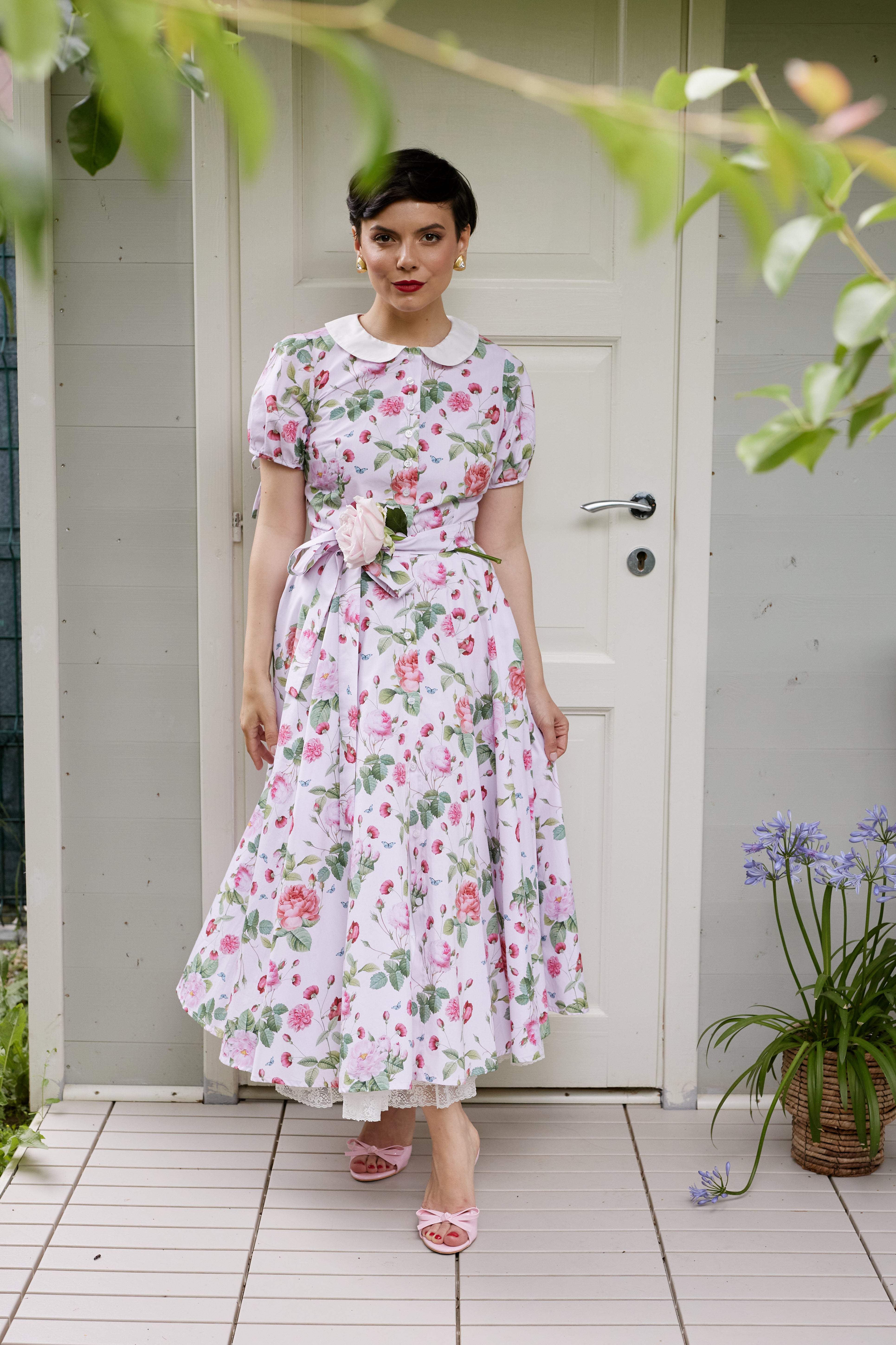 Floral and Striped Midi Shirt Dress, Blue