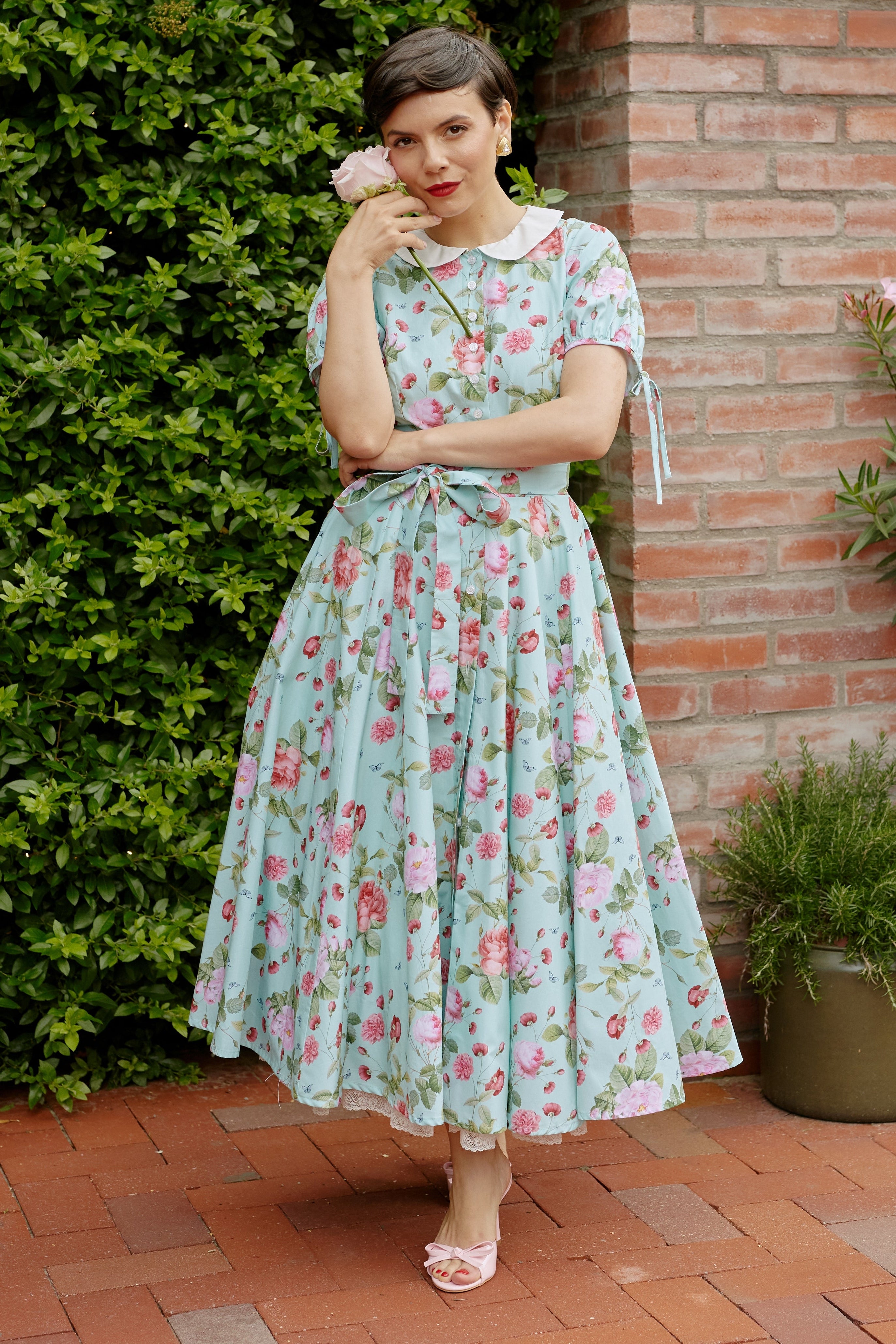 Rochie Camasa Midi, din Bumbac cu Trandafiri pe Aqua