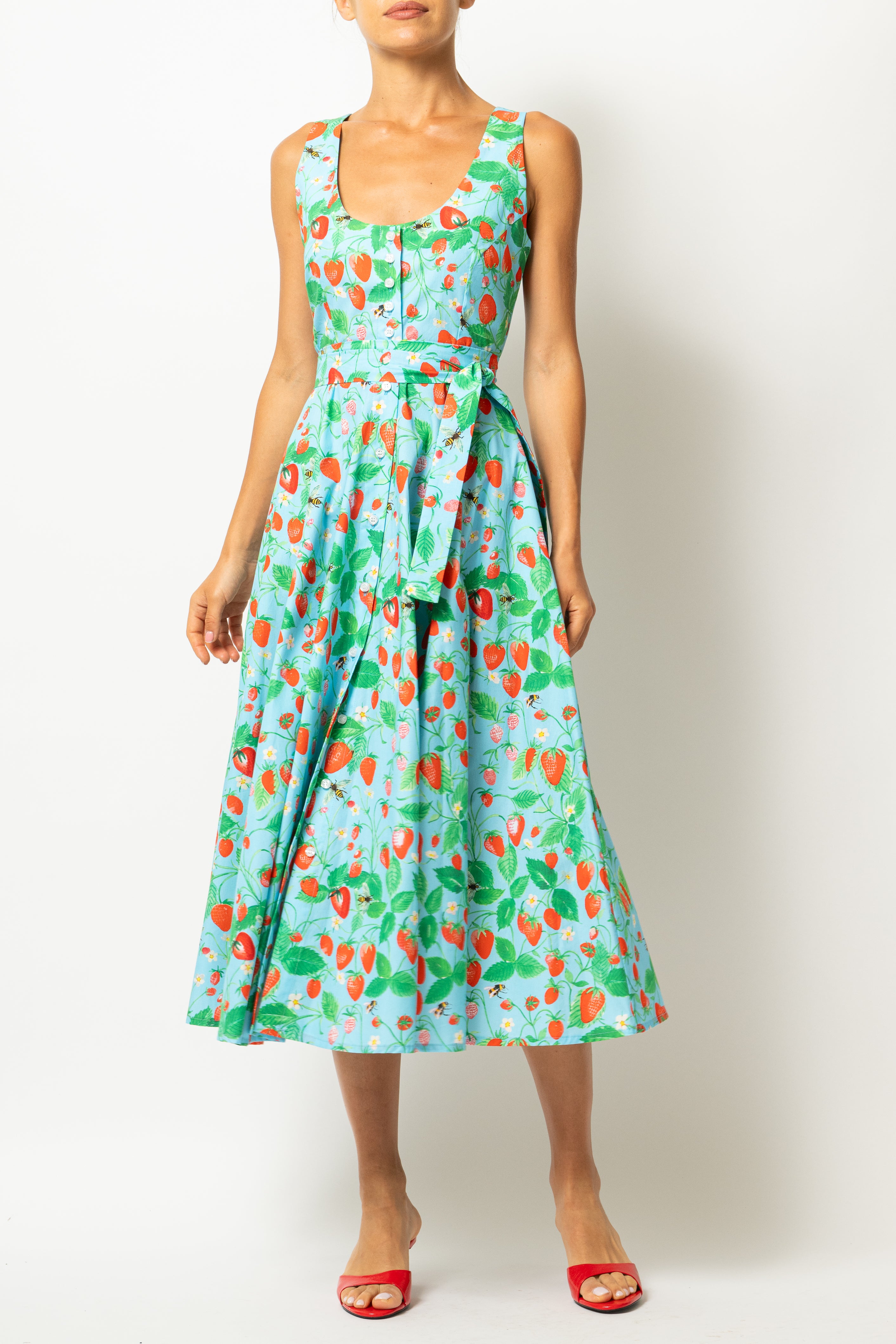 Rochie Midi cu Decolteu Rotund, din Bumbac cu Capsuni pe Bleu