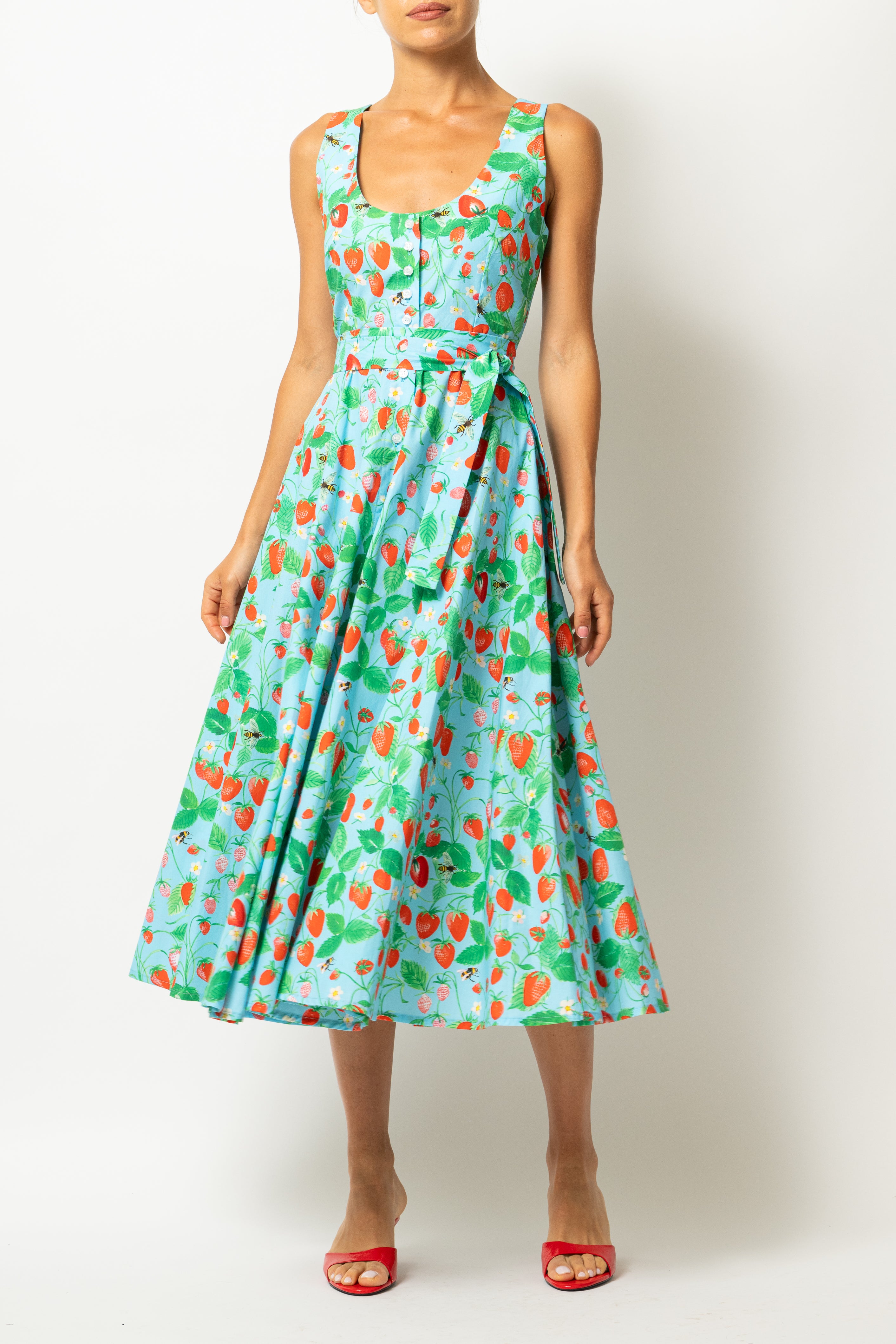 Rochie Midi cu Decolteu Rotund, din Bumbac cu Capsuni pe Bleu