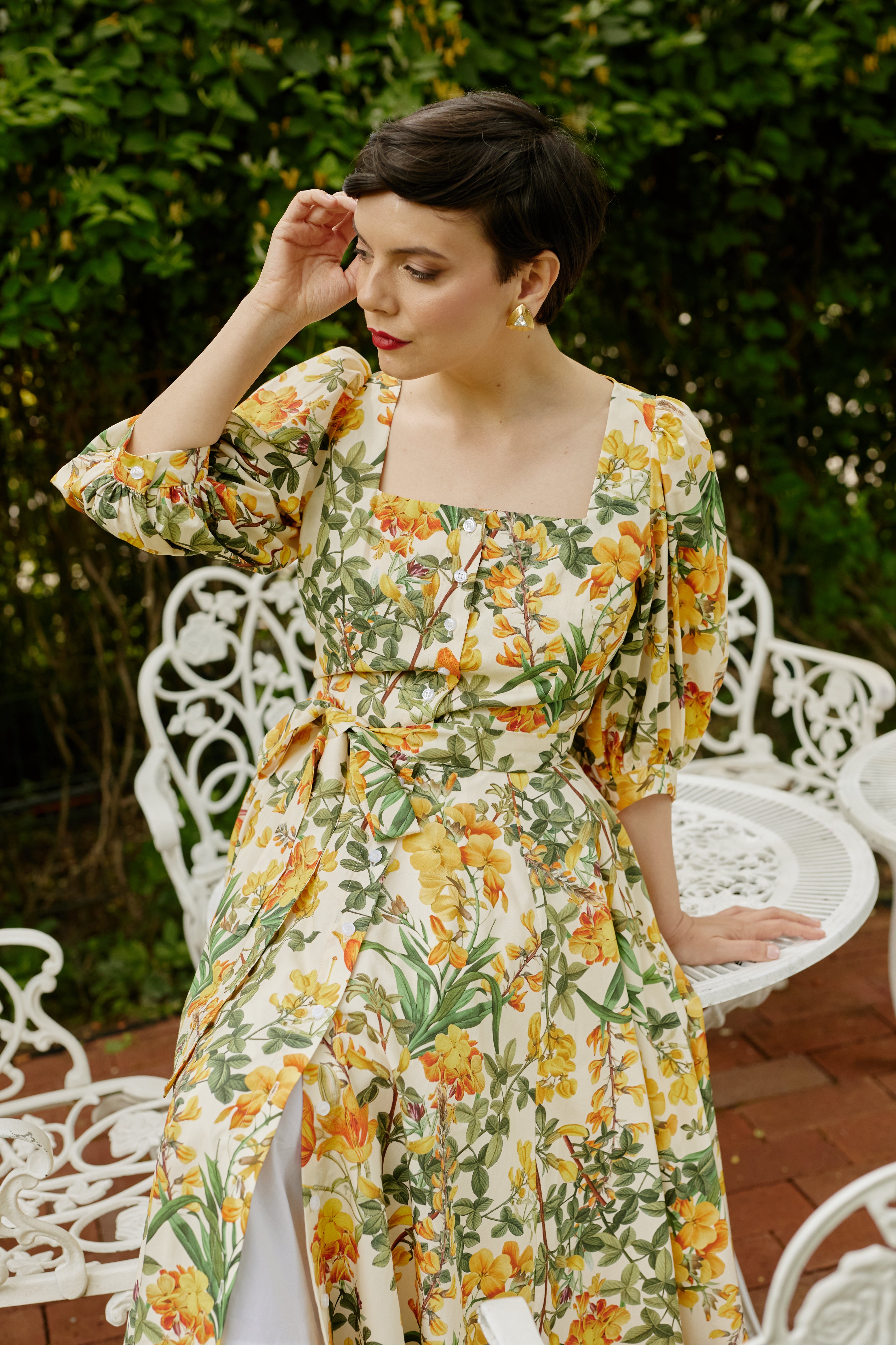 Rochie Midi, cu Decolteu Patrat, din Bumbac cu Flori Galbene