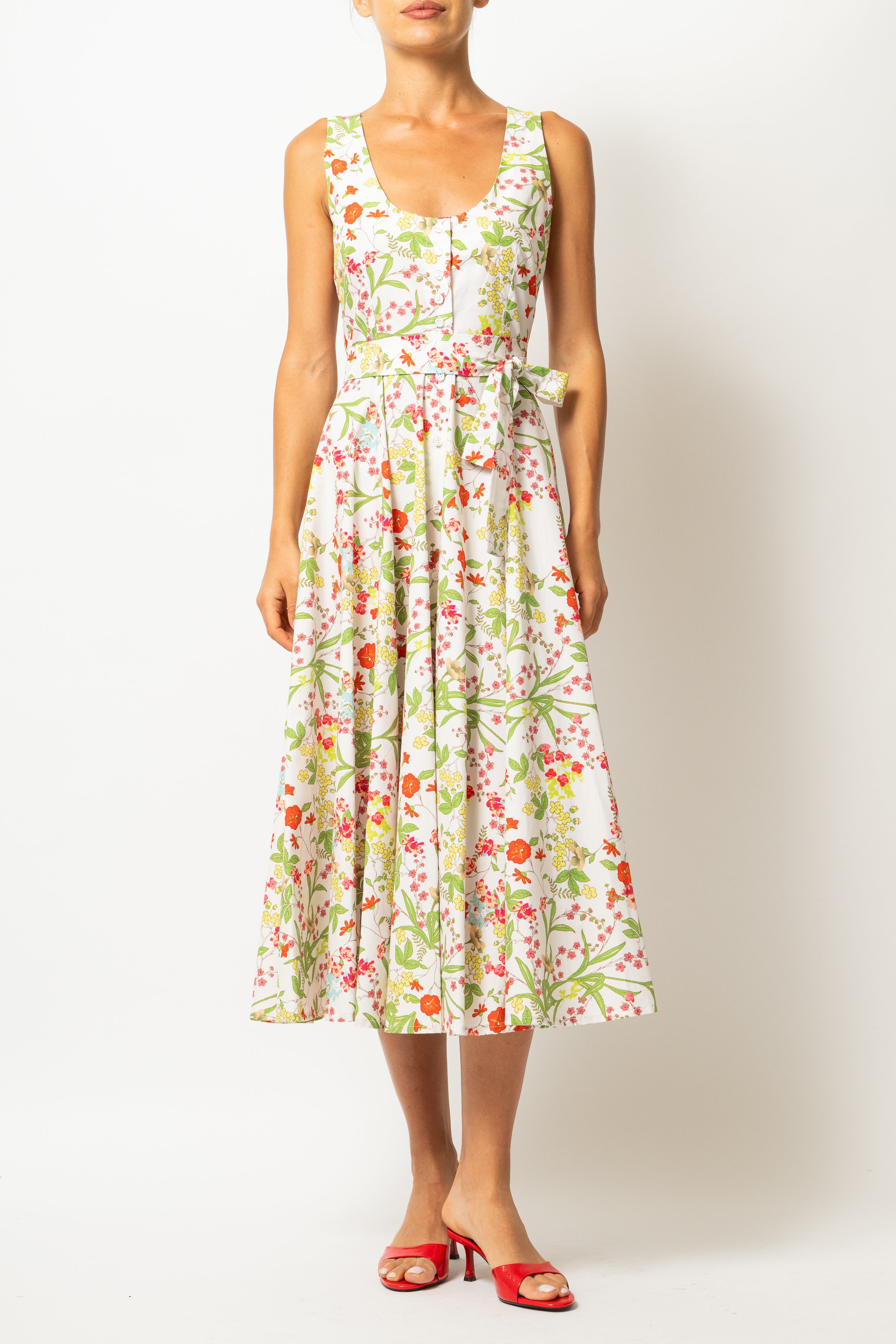 Rochie Midi cu Decolteu Rotund, din Bumbac cu Flori de Vara
