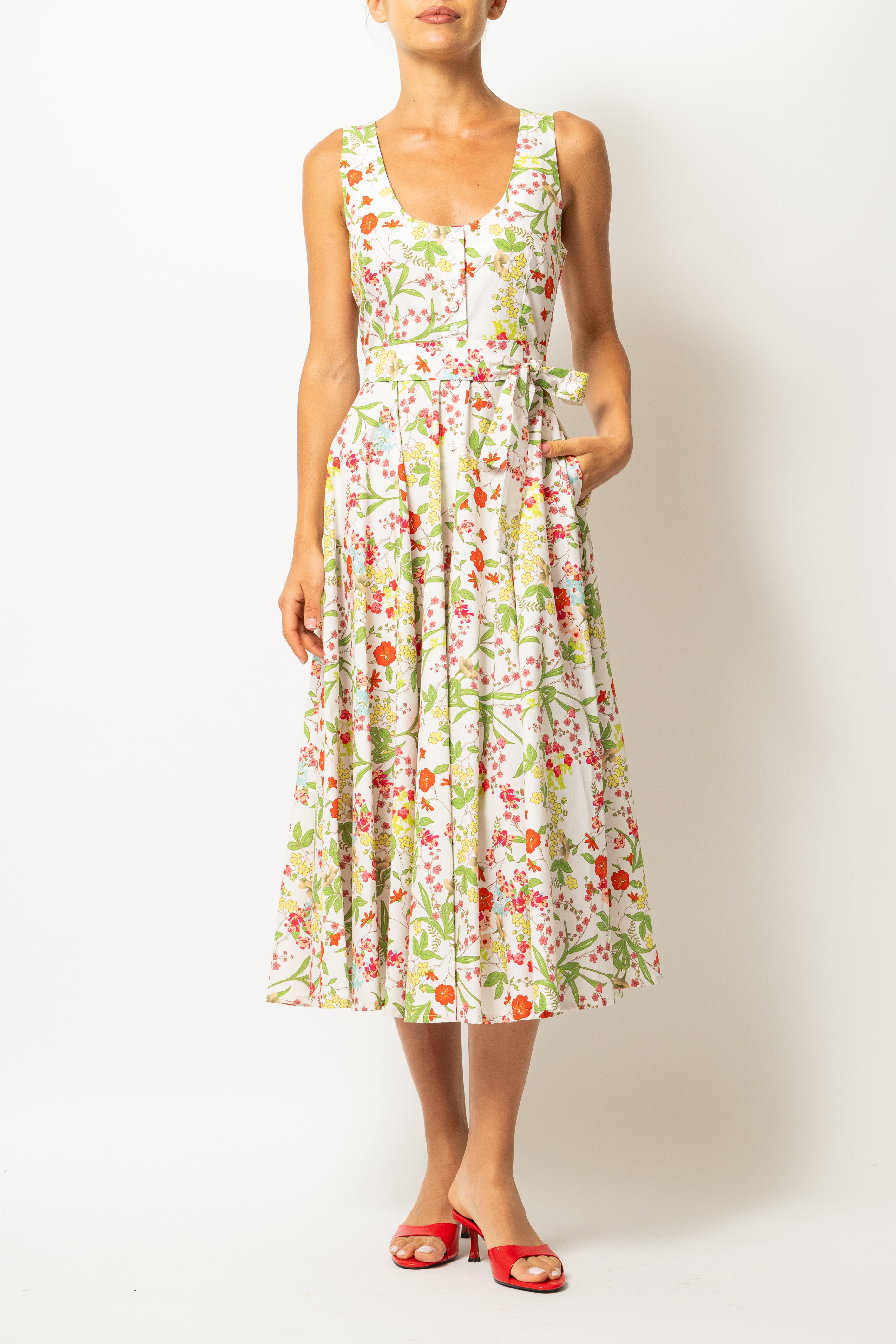 Rochie Midi cu Decolteu Rotund, din Bumbac cu Flori de Vara