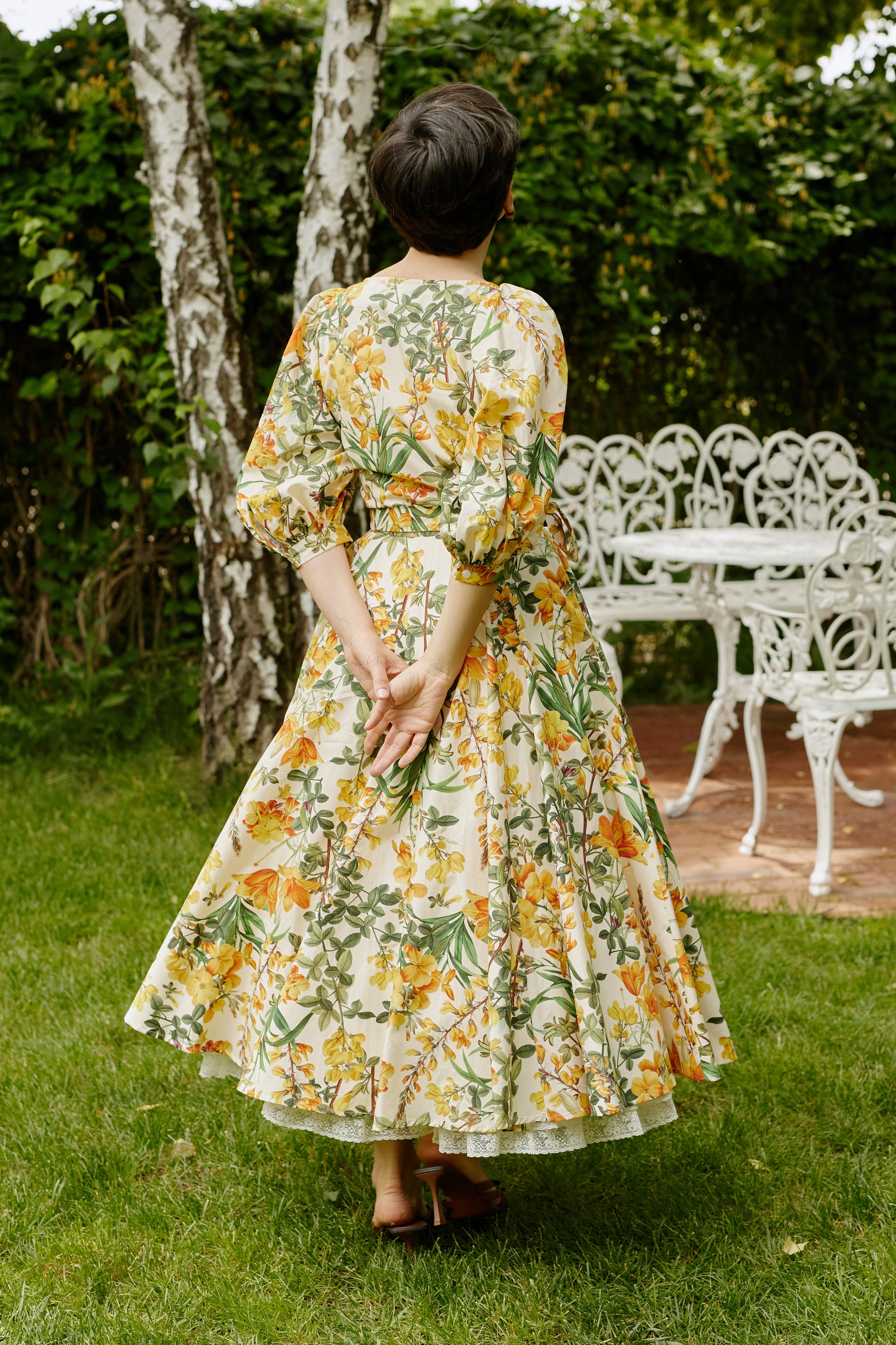 Rochie Midi, cu Decolteu Patrat, din Bumbac cu Flori Galbene