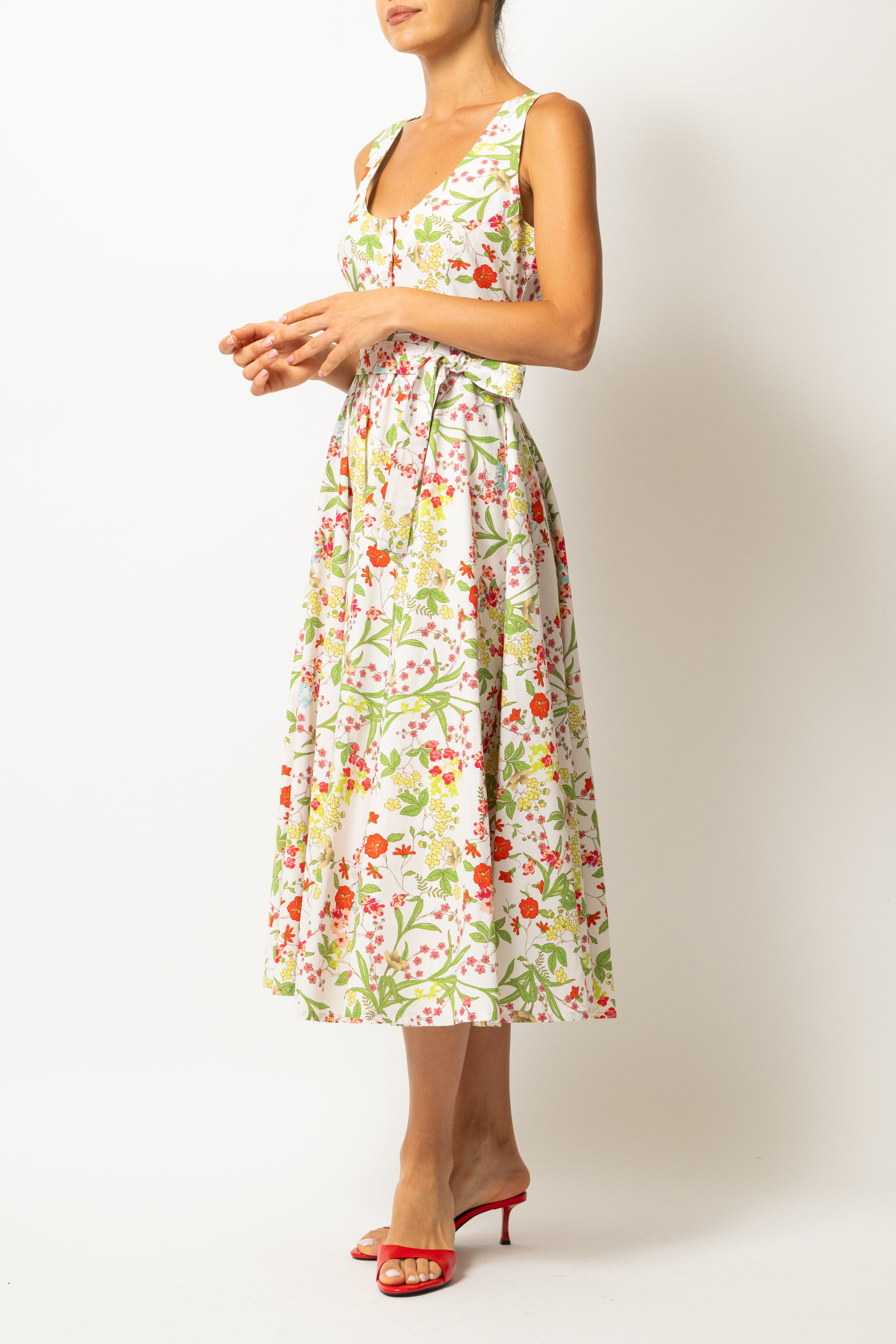 Rochie Midi cu Decolteu Rotund, din Bumbac cu Flori de Vara