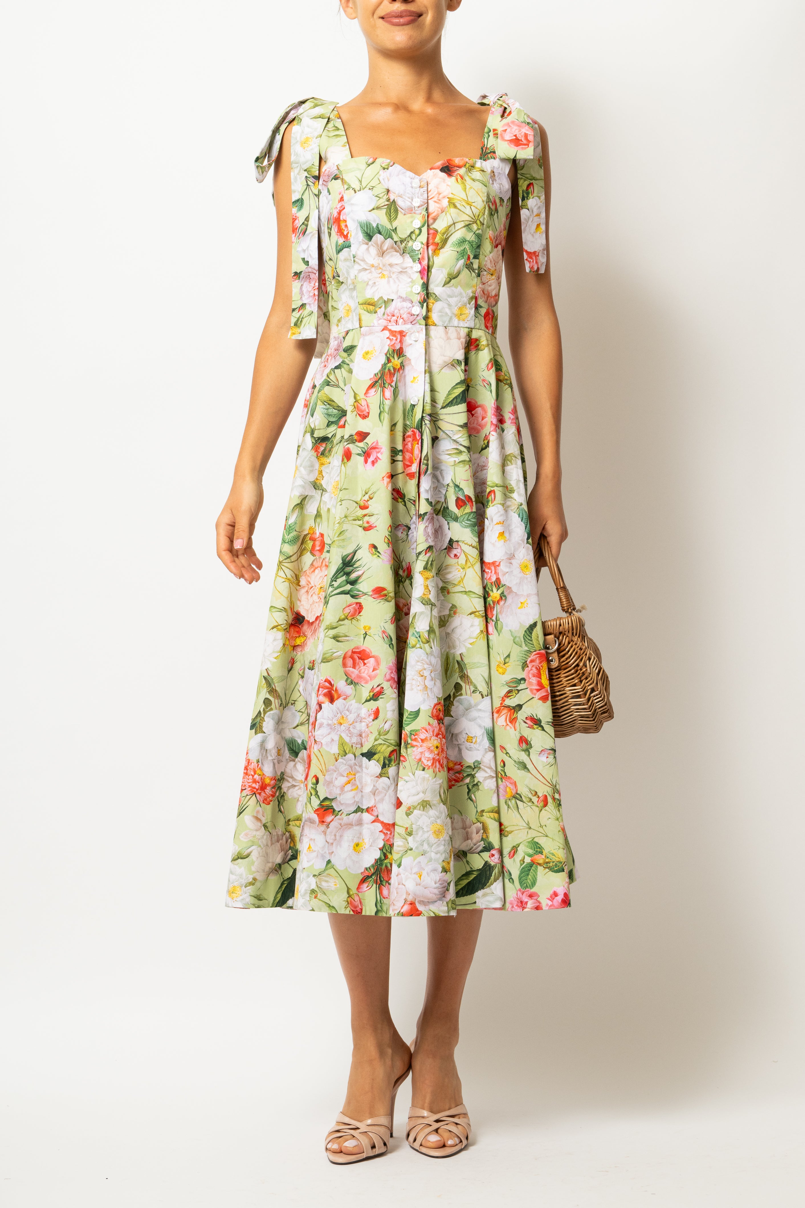 Rochie Midi, cu Bretele, din Bumbac cu Flori Pe Verde