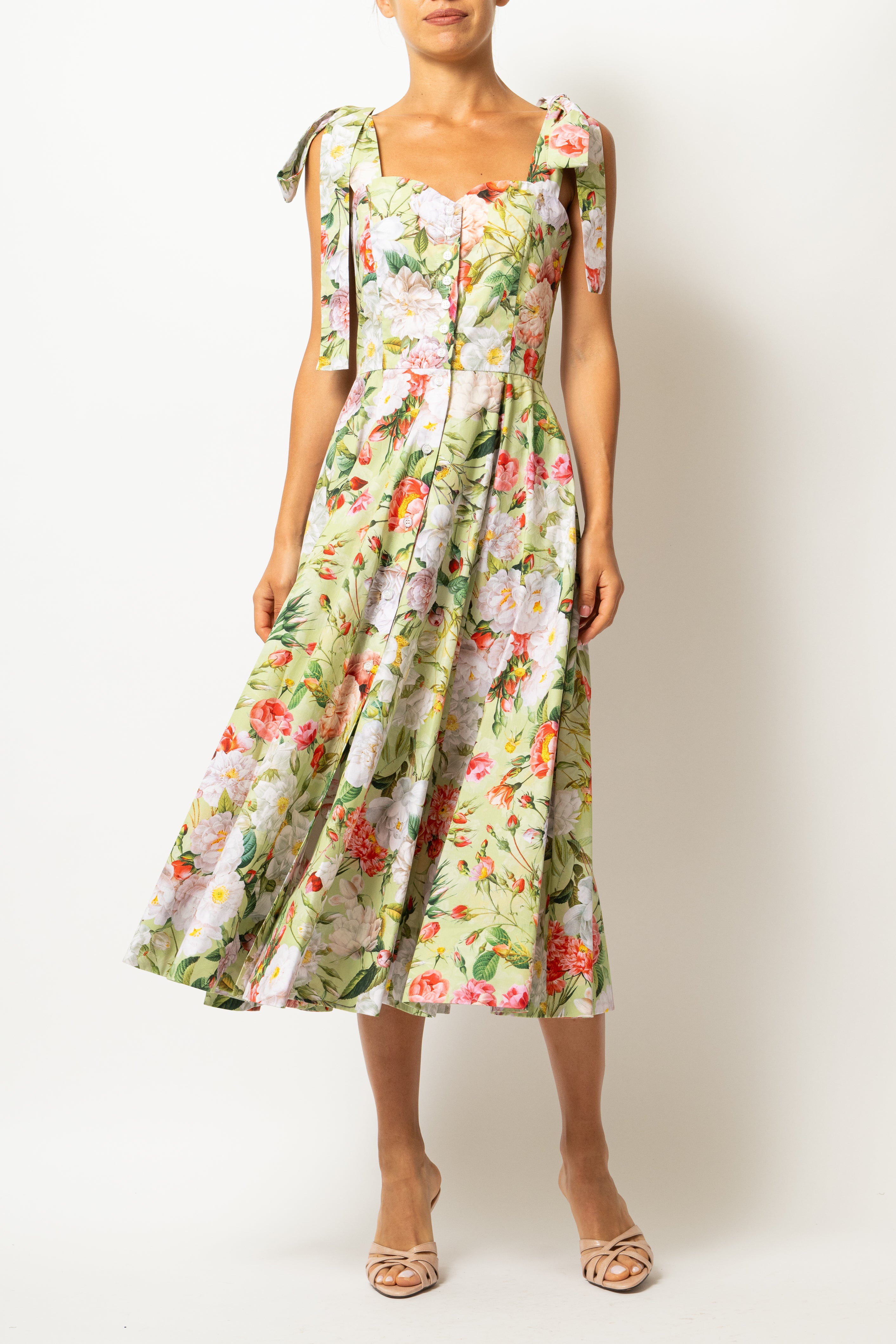 Rochie Midi, cu Bretele, din Bumbac cu Flori Pe Verde